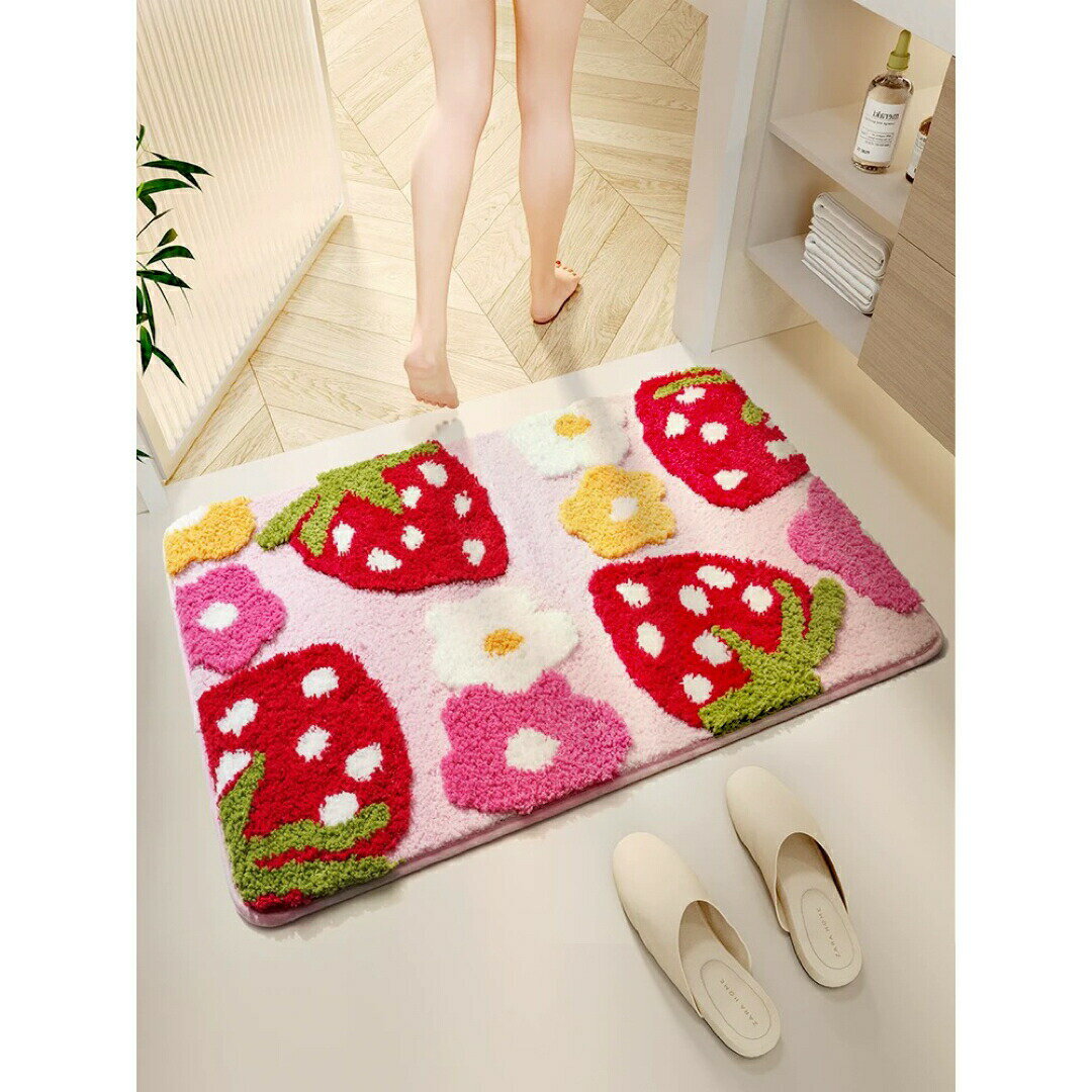 苺柄バスマット 玄関マット ふわふわ吸水 速乾 滑り止め 洗える 北欧風 花柄