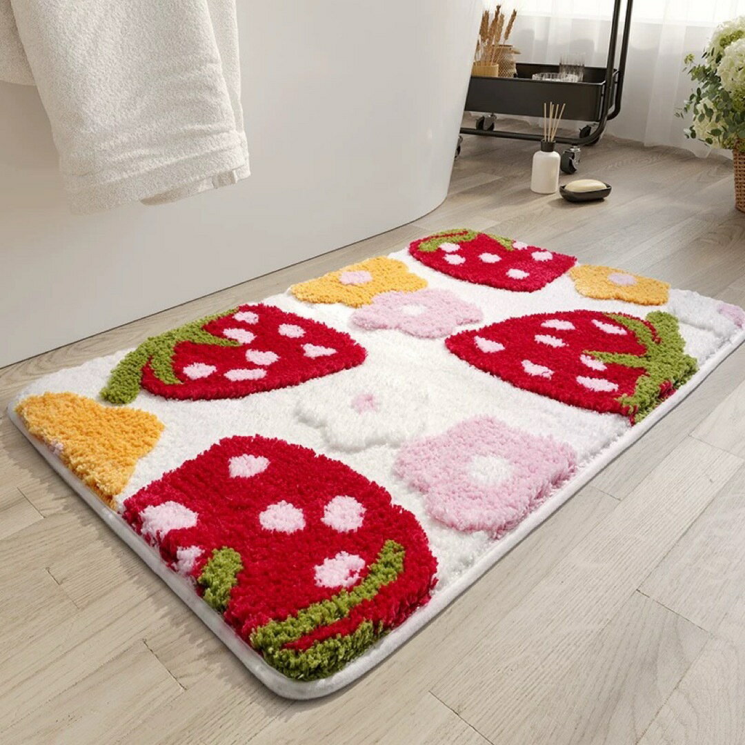 苺柄バスマット 玄関マット ふわふわ吸水 滑り止め 洗える 北欧風 花柄
