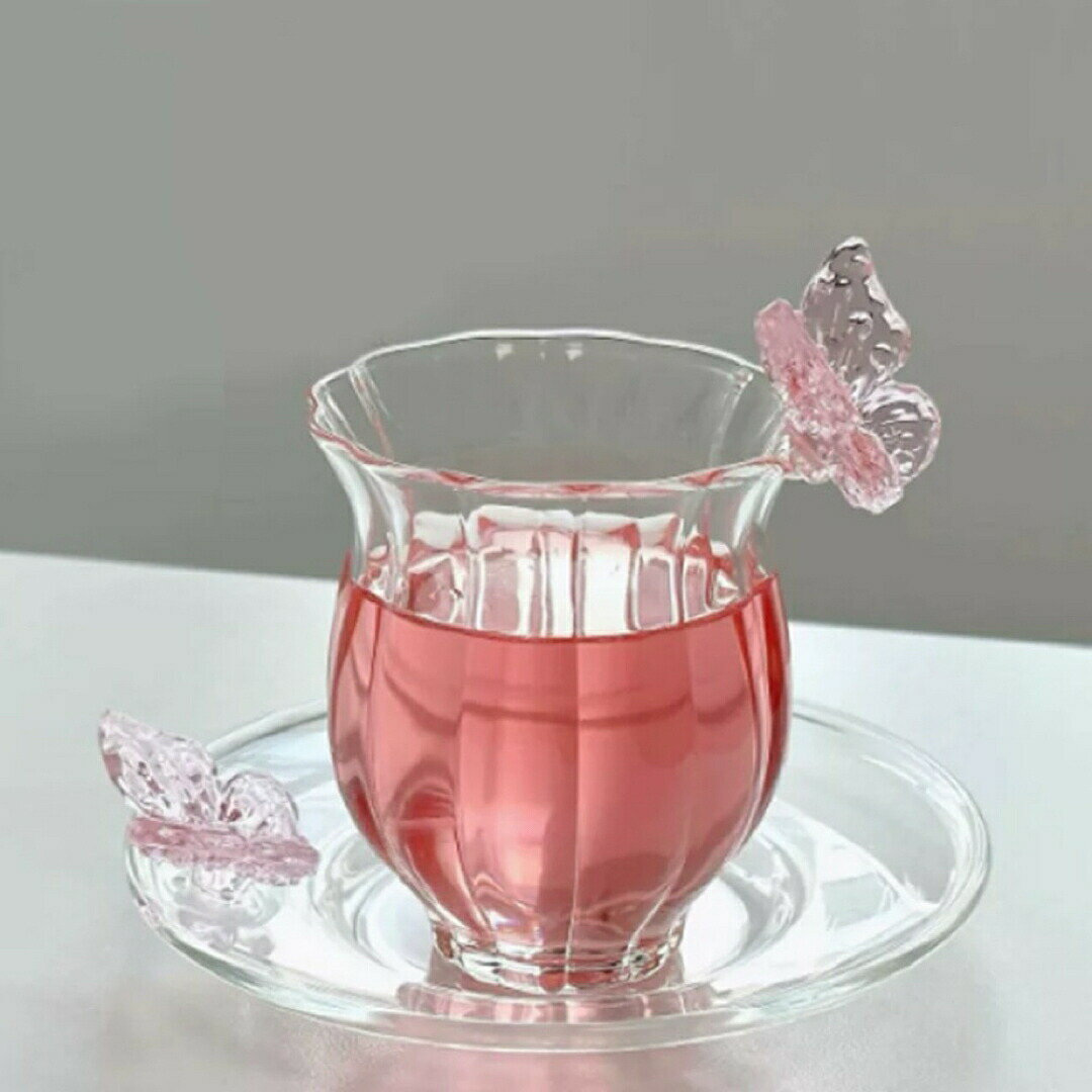 蝶々 ガラスティーカップ＆ソーサー 2客セット ロマンティックなティータイム