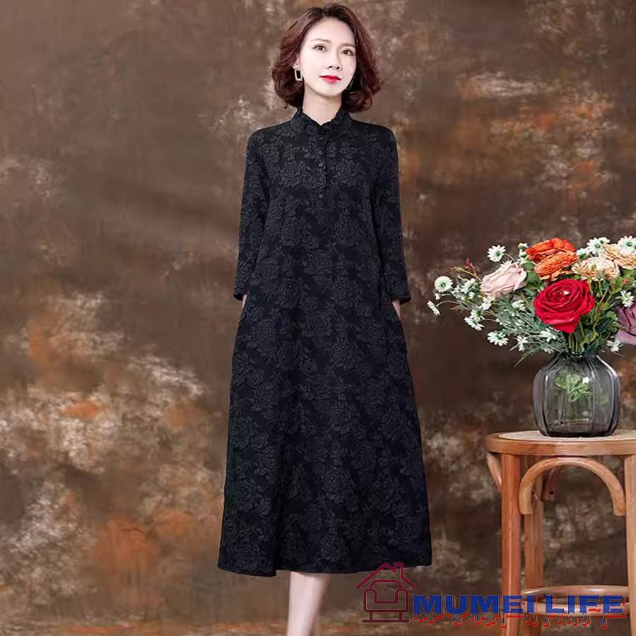 ライン 七分袖 花柄 ロング丈 結婚式ワンピース 叔母 50代 お食事会 顔合わせ服装 母親 60代 40代 お宮..