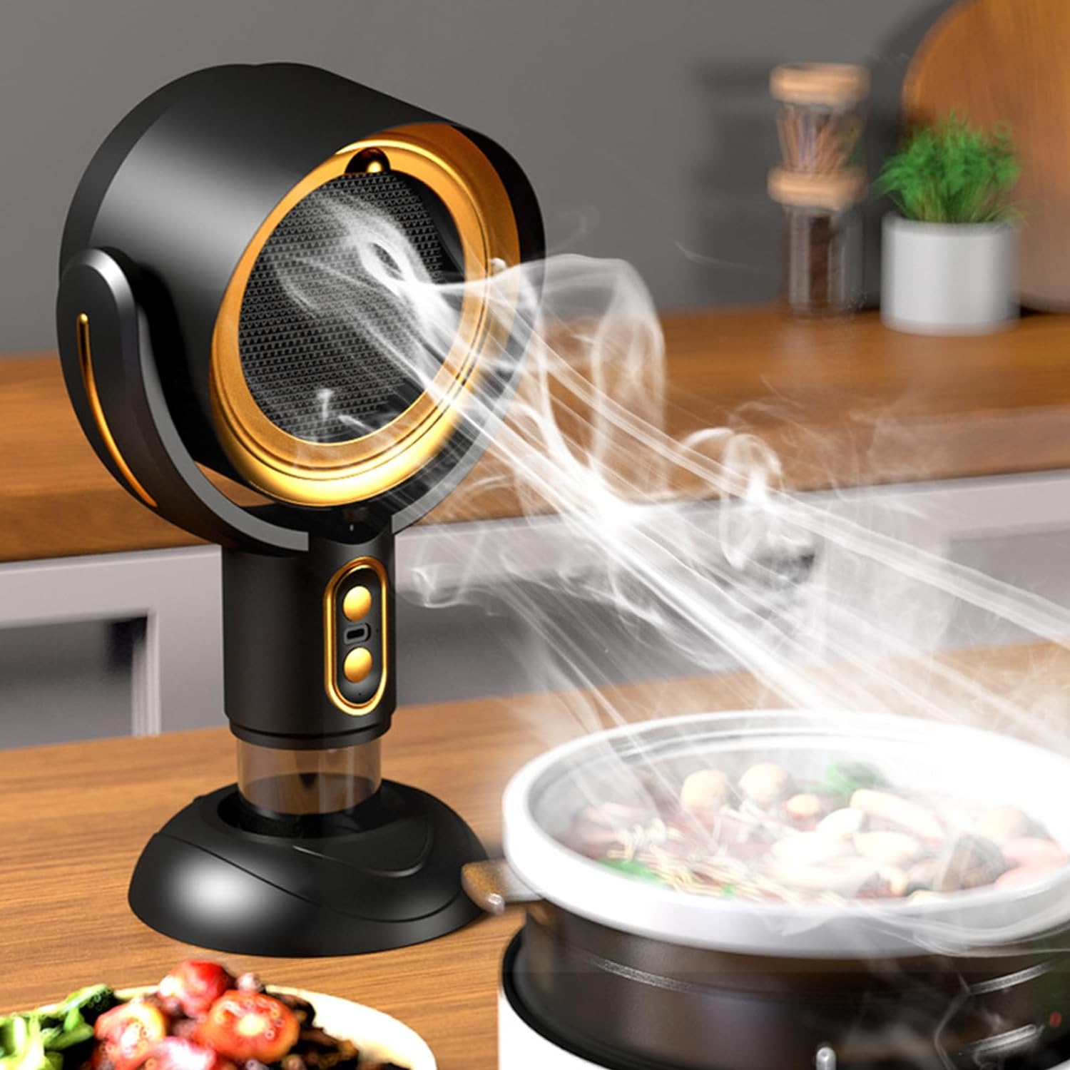 サイズ：15*21*35cm卓上吸煙機は調理時に発生する強烈な臭い・油はね・もくもくの煙を徹底吸収し、料理を今まで以上に快適なものにします。また、ミニポータブル換気扇は、負イオン浄化技術を採用しており、有害物質を効果的に除去し、室内の空気品質を改善します。ON/OFF/風量調節はすべての操作が1つのボタンで行えます。煩わしい細かな操作は不要です。異なる調理ニーズに応えるために、この小型レンジフードは2段階の風速調節機能を備えています。適切な段階を選択し、風速を調整することで、効率的な油煙の浄化と騒音の低減を両立させます。この卓上レンジフードは、ダブルチャンネル設計を備えており、より広範囲に油煙を吸収し、周囲の環境への影響を低減します。また、効率的な油煙分離装置も搭載しており、油分を除去し、油煙と空気を分離します。キッチンの空気をより清浄に保ちます。USB卓上レンジフードは、Type-C充電ポートを搭載しており、充電がより便利で迅速です。3000mAhバッテリーを搭載し、長時間の連続使用が可能です。キッチンや屋内バーベキューだけではなく、アウトドアでも大活躍また、15°のチルト調節機能も備えており、実際のニーズに合わせて角度を調整できます。より便利な使用が可能です。サイズ：15*21*35cm【油・煙・臭いを徹底吸引&マイナスイオン浄化機能】卓上吸煙機は調理時に発生する強烈な臭い・油はね・もくもくの煙を徹底吸収し、料理を今まで以上に快適なものにします。また、ミニポータブル換気扇は、負イオン浄化技術を採用しており、有害物質を効果的に除去し、室内の空気品質を改善します。【操作簡単＆2段階の風力調節】ON/OFF/風量調節はすべての操作が1つのボタンで行えます。煩わしい細かな操作は不要です。異なる調理ニーズに応えるために、この小型レンジフードは2段階の風速調節機能を備えています。適切な段階を選択し、風速を調整することで、効率的な油煙の浄化と騒音の低減を両立させます。【ダブルチャンネル、油煙の分離】この卓上レンジフードは、ダブルチャンネル設計を備えており、より広範囲に油煙を吸収し、周囲の環境への影響を低減します。また、効率的な油煙分離装置も搭載しており、油分を除去し、油煙と空気を分離します。キッチンの空気をより清浄に保ちます。【Type-C充電＆3000mAhバッテリー】USB卓上レンジフードは、Type-C充電ポートを搭載しており、充電がより便利で迅速です。3000mAhバッテリーを搭載し、長時間の連続使用が可能です。キッチンや屋内バーベキューだけではなく、アウトドアでも大活躍また、15°のチルト調節機能も備えており、実際のニーズに合わせて角度を調整できます。より便利な使用が可能です。