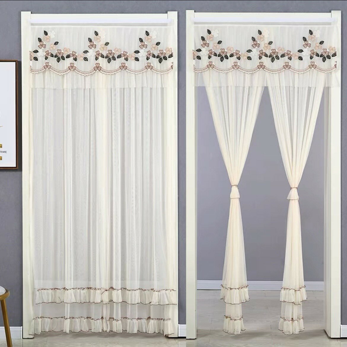 のれん ロング 2重 レース フラワー柄 姫系二重タイプ 暖簾 間切り