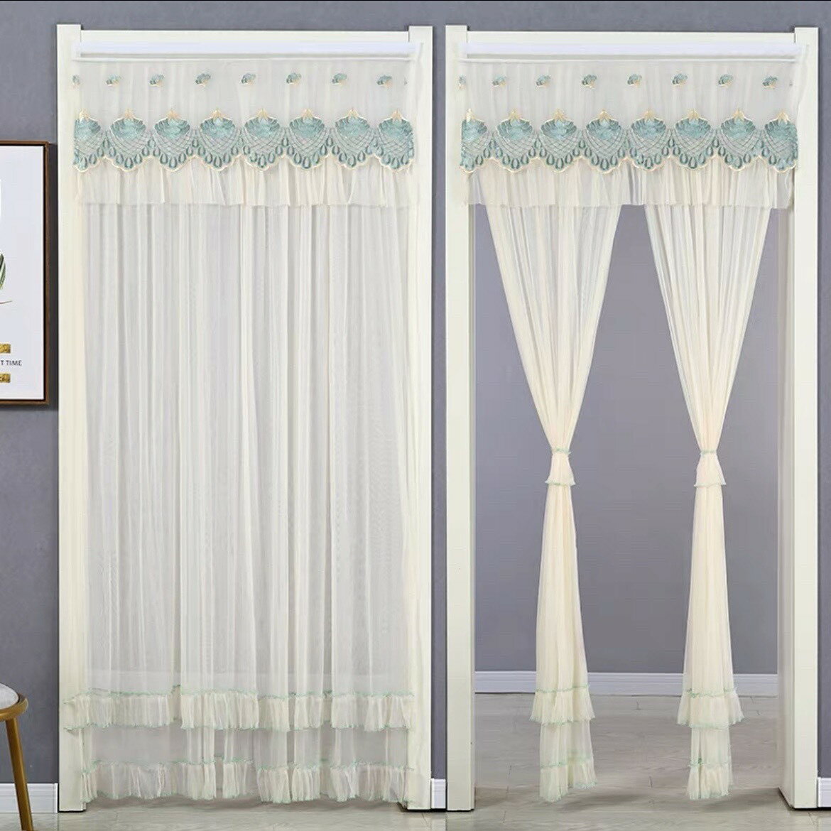 のれん ロング 2重 レース フラワー柄 姫系二重タイプ 暖簾 間切り