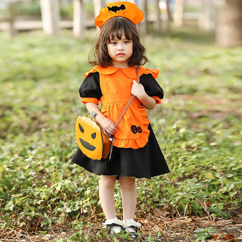 【送料無料】ハロウィン衣装 子供メイド メイド コスプレ 3点セット 女仆装 カボチャ コスプレ衣装 Maid costume コスプレ アニメ 仮装 コスチューム キッズ 女の子 子供服 Halloween カチューシャつき かわいい メイド服 エプロン XS〜L