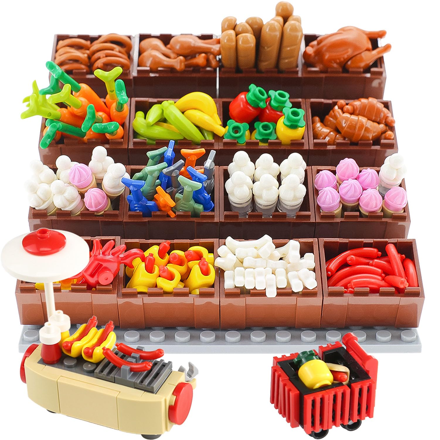 BrickBounty 190pcsシティ-スーパーマーケット-キッチンレンガと互換性があります-フードフルーツ-アップルアイスクリーム-サンデー-キャップケーキ-スウィートコーンターキー-チキン-ホットド