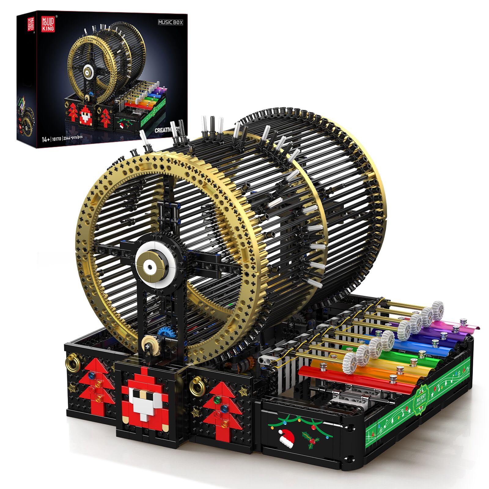 Mould King 10170 MOC テクニック クリエイティブ 電動オルゴール 組み立てブロックおもちゃセット、クリスマステーマのDIYメカニカルオルゴールモデル、ピアノキー、サウンドハンマー、回転チ