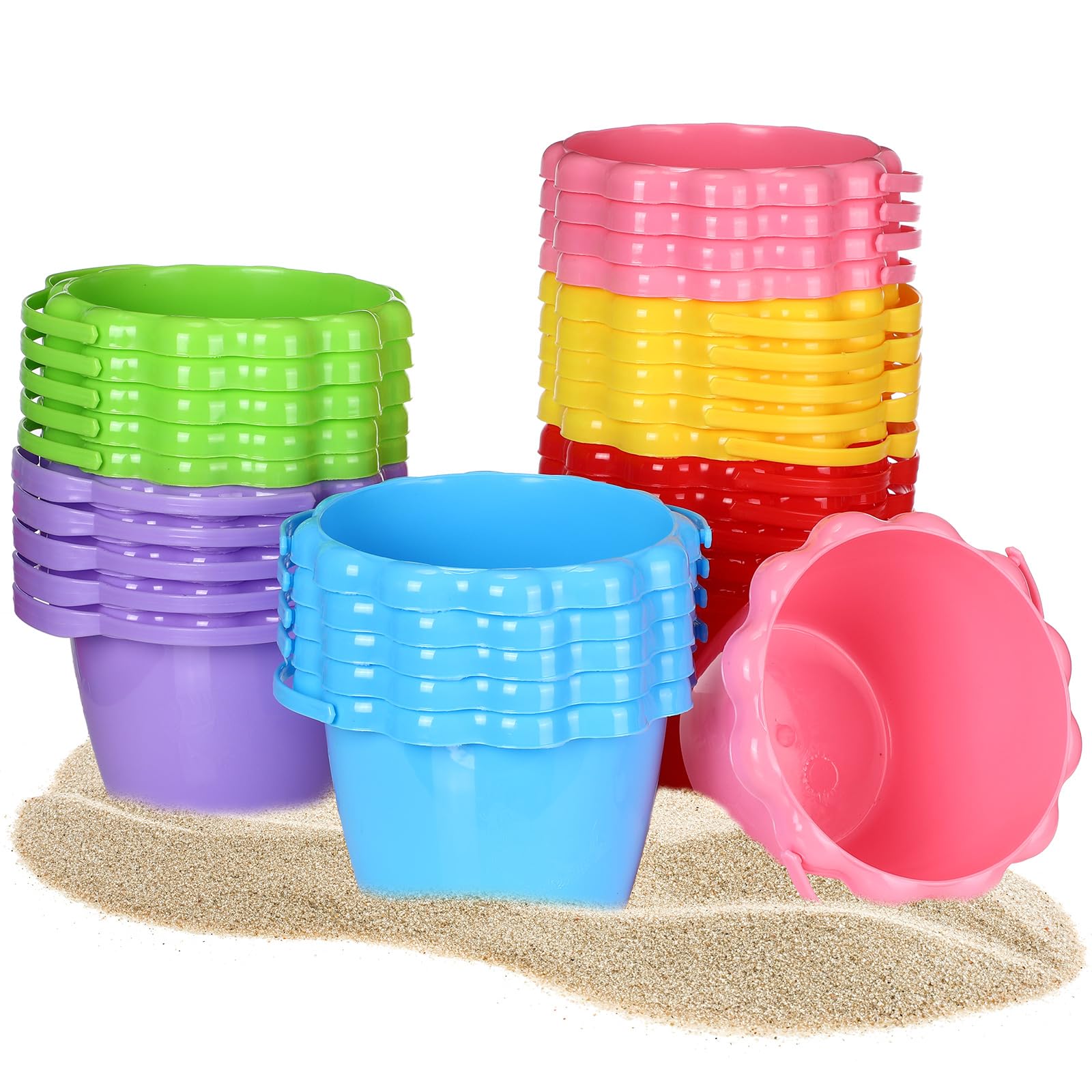 30個 6.3インチ 1.5L プラスチックスモールバケツ サンドペール ビーチおもちゃ ハンドル付きサンドバケツ 明るい色のビーチペール 砂場の砂型用 イースター アウトドア ビーチ プール キャ