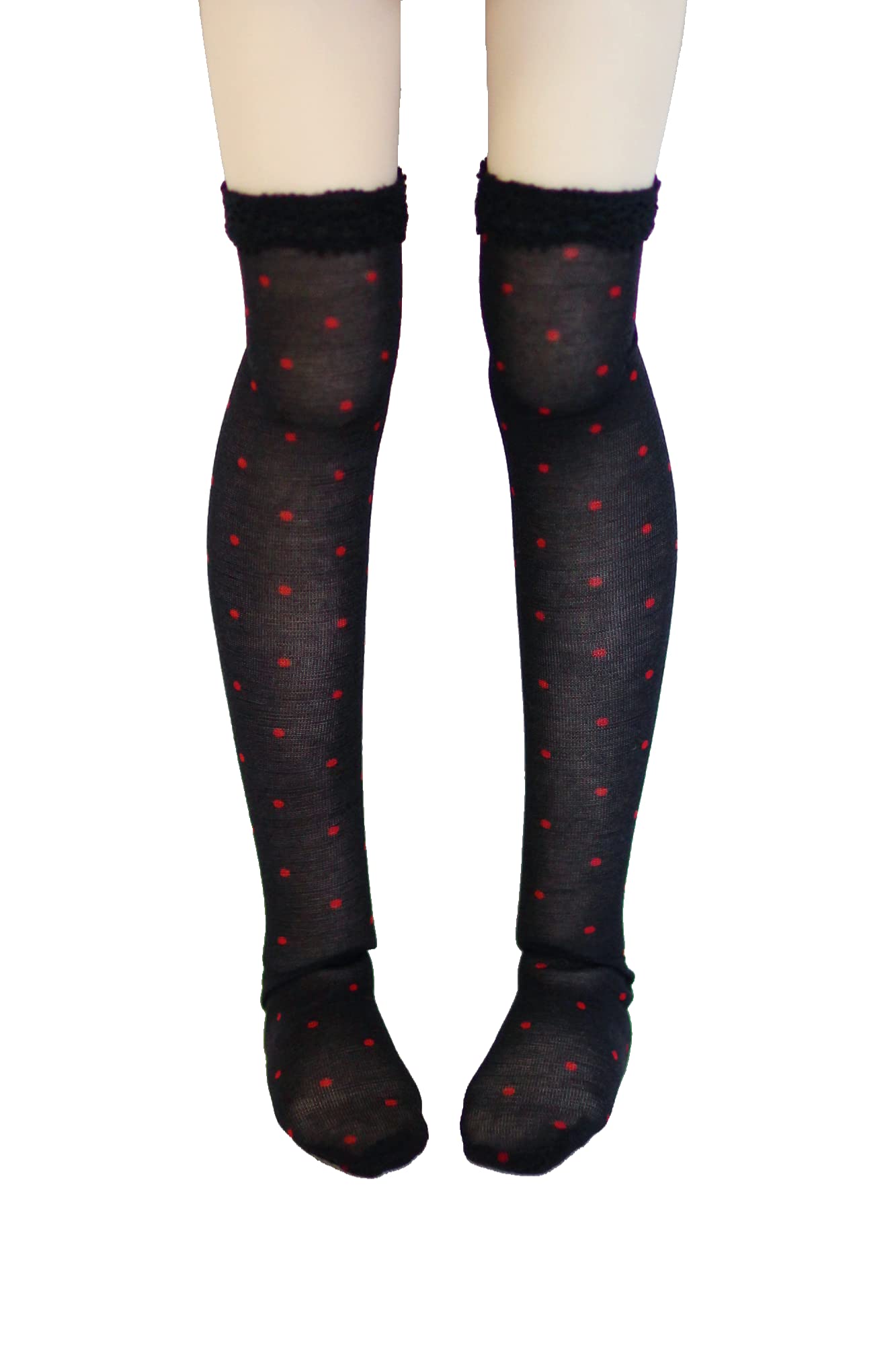 【Petite Marie】 1/3 MDD MSD対応 透け感と柔らかい触感のニーハイソックス 黒地×赤水玉 40cmドール BJD 人形服 【プティットマリエ】 [No.0088]