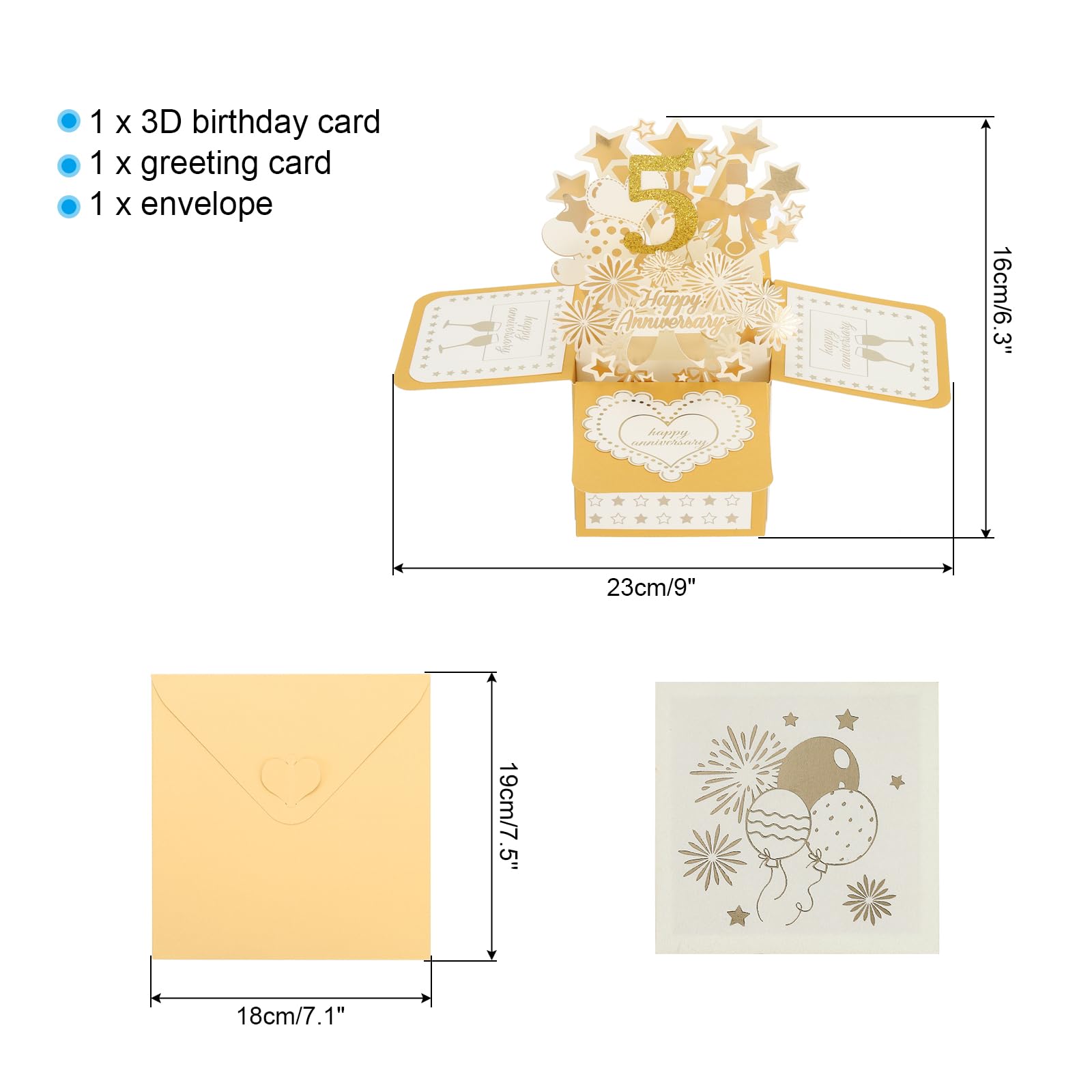 PATIKIL 5周年記念カード 3Dポップ アップ 封筒付き アニバーサリーカード 結婚 創立記念 記念日 ご挨拶カード メッセージカード 金色 夫 妻 彼氏 彼女 カップル 友人 両親へ