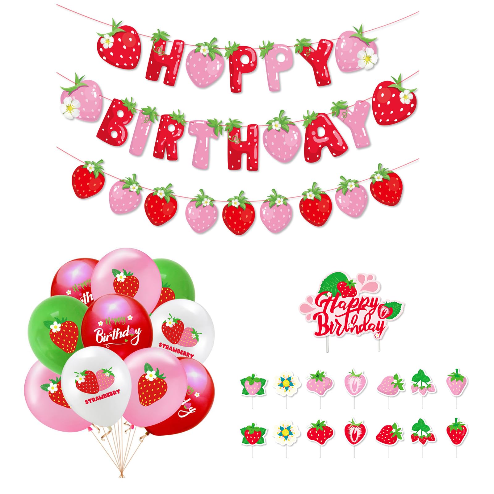 DOSARRIBA 誕生日風船 バースデーバルーン いちご 飾り付け キュート パーティー デコレーション 記念日 可愛い イチゴガーランド パーティーバナー ケーキトッパー セット