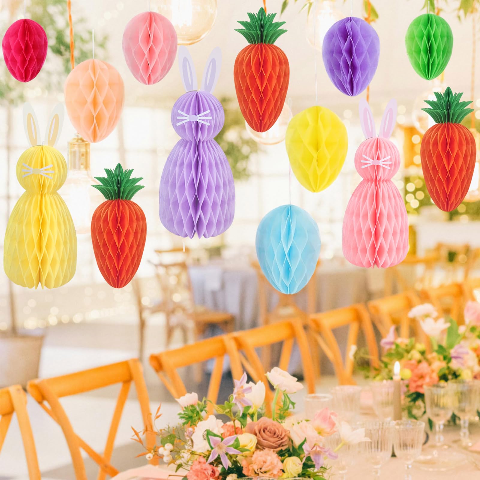 Osesshia 13個 イースターデコレーション ハンギングオーナメント ハンギングペーパー ハニカム エッグ イースターパーティーデコレーション カラフルなセンターピース バニー ツリーバスケ
