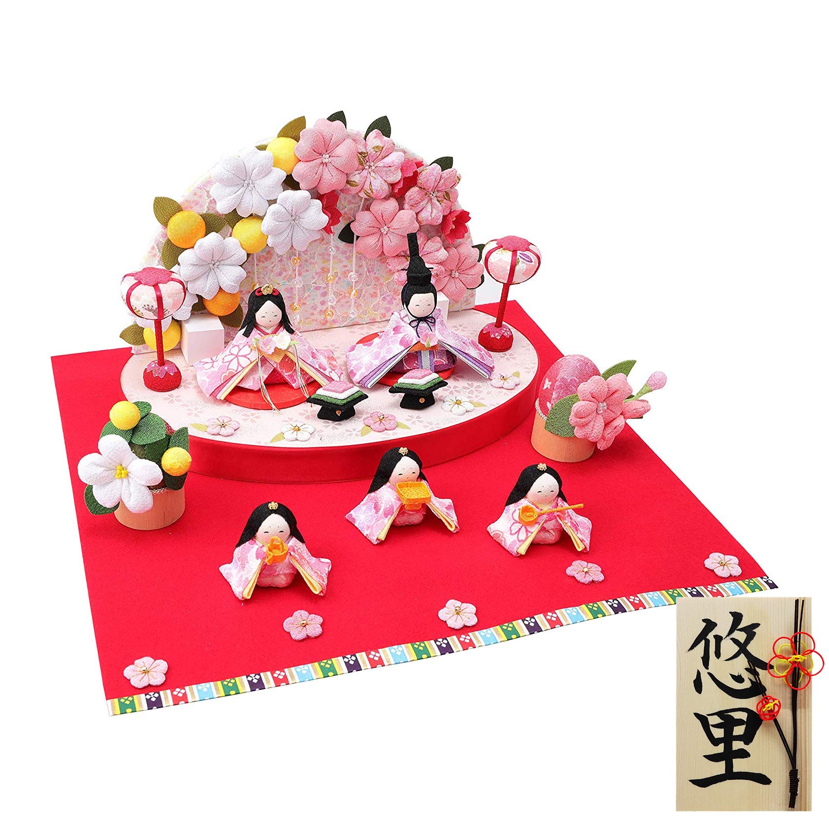 大阪長生堂 雛人形 コンパクト ミニ お雛様 名入れ 木札特典付（別送） ひな人形 ぷりてぃ舞桜花舞台（5人揃い）