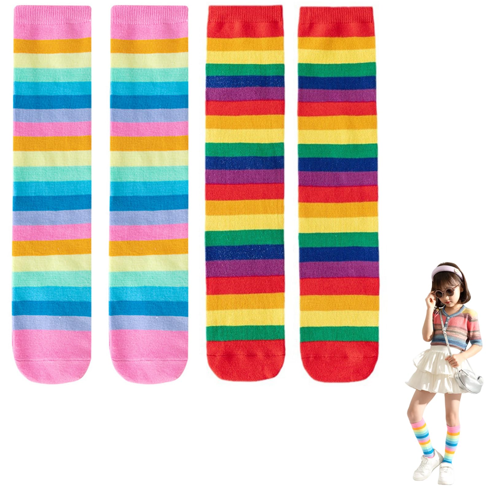 [KALOLINNA] 靴下 子供用 キッズ ハイソックス 2足セット しましま 虹色 女の子 くつした ボーダー 弾力性 耐久性 保育園 幼稚園 通園通学 運動会