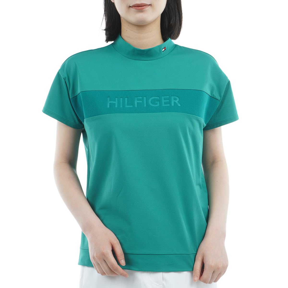 [トミー ゴルフ] クラシック TOMMY HILFIGER GOLF(トミー ヒルフィガー ゴルフ) レディースゴルフウェア エンボスロゴ 半袖モックネックシャツ グリーン Lサイズ THLA562