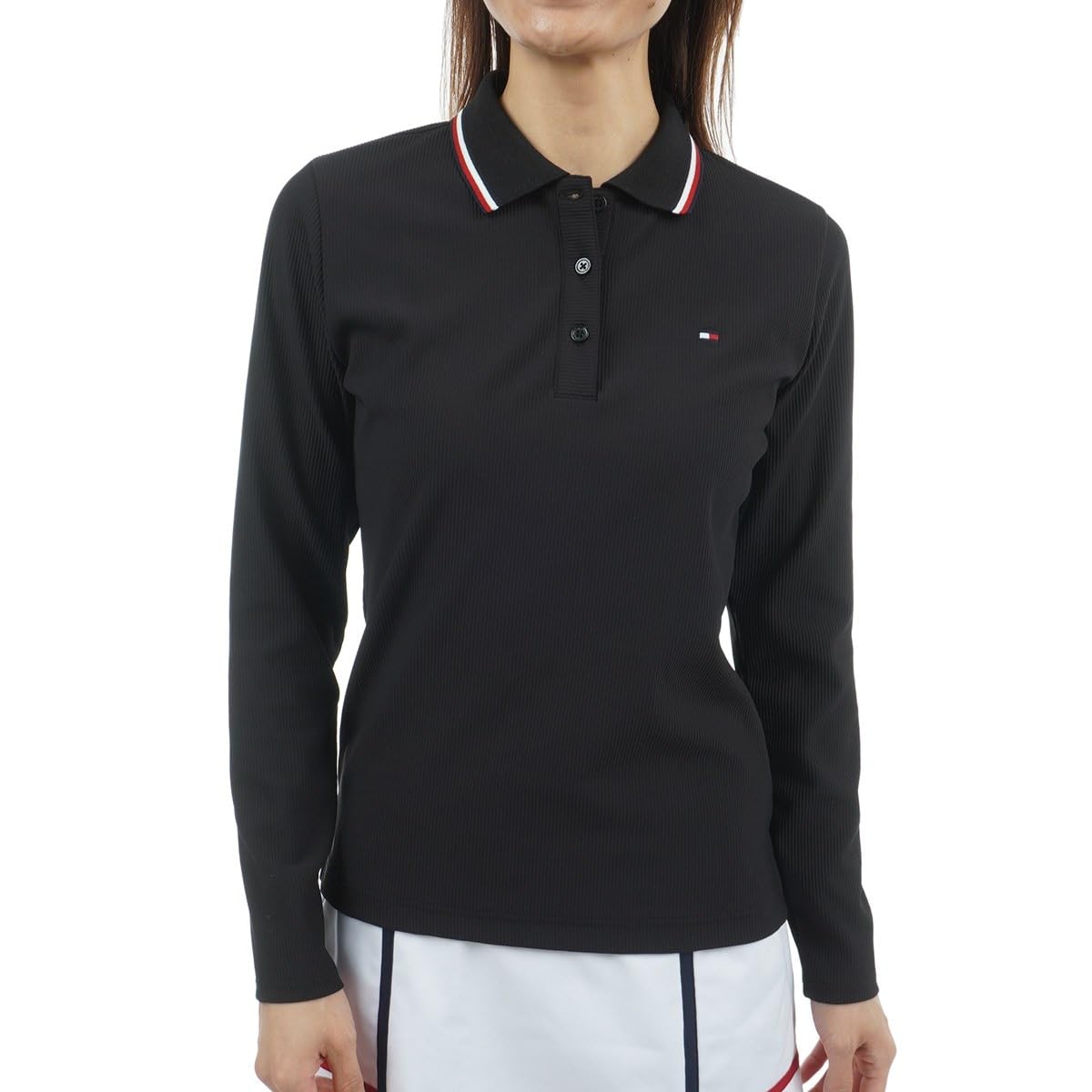 [トミー ゴルフ] クラシック TOMMY HILFIGER GOLF(トミー ヒルフィガー ゴルフ) レディースゴルフウェア ハイテンション 長袖ポロシャツ ブラック LLサイズ THLA555