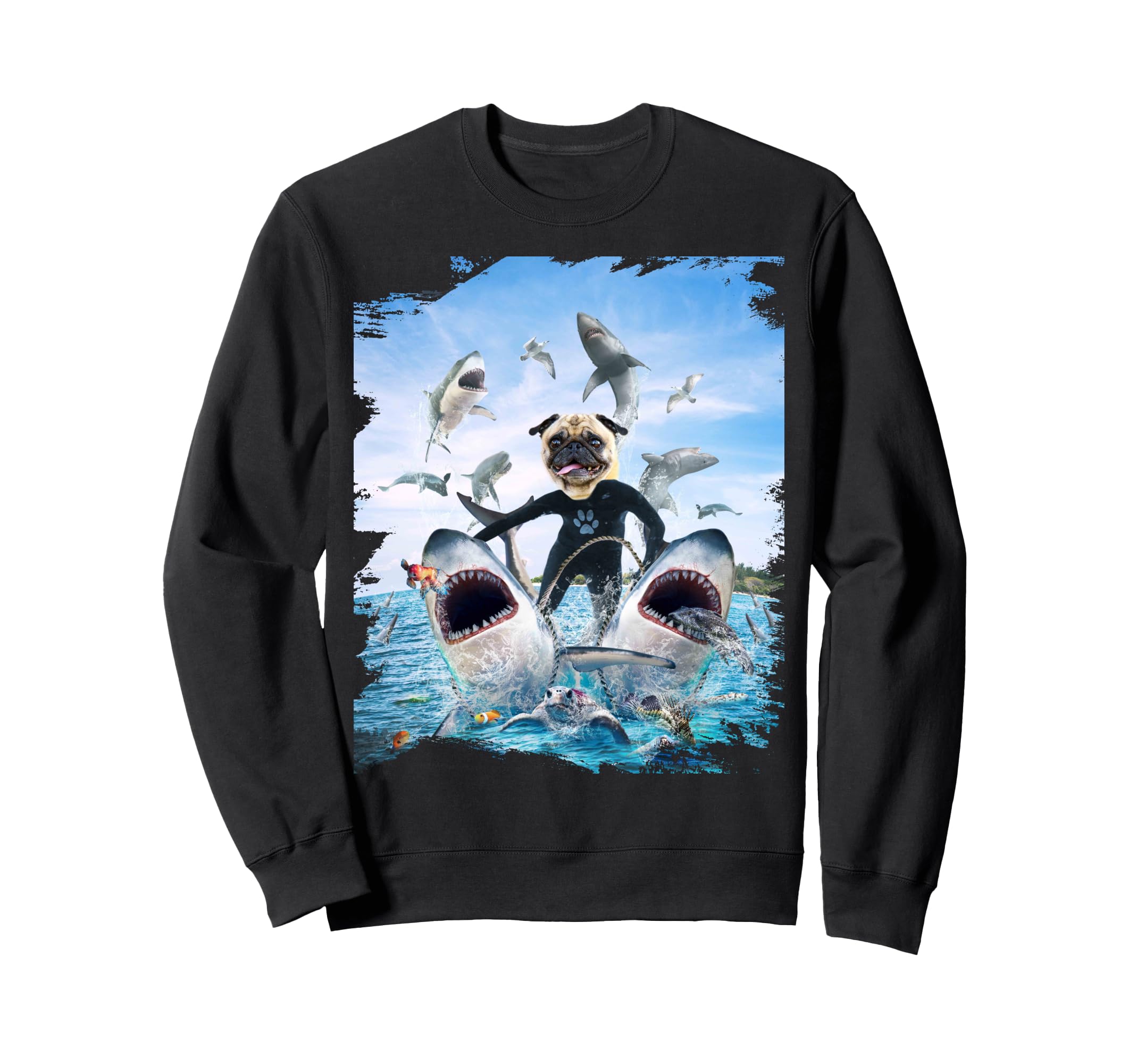 犬 パグ 乗馬 サメ ビーチ 海 面白い トレーナー