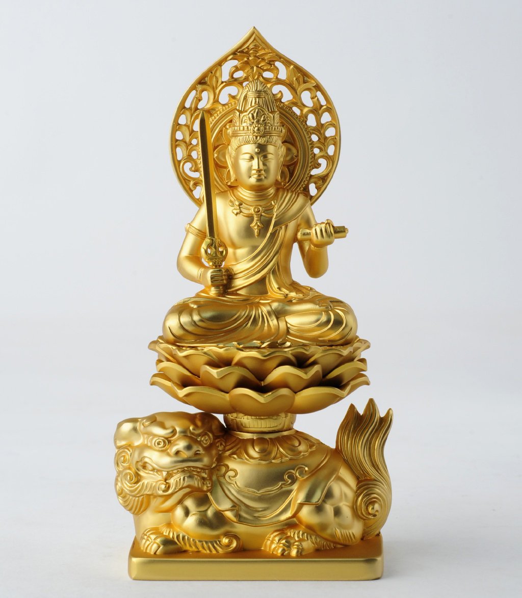 仏像 文殊菩薩 15cm（金メッキ/24金） 仏師：牧田秀雲 原型＿（卯年生まれ） 十二支守り本尊 干支 高岡銅器(もんじゅぼさつ)