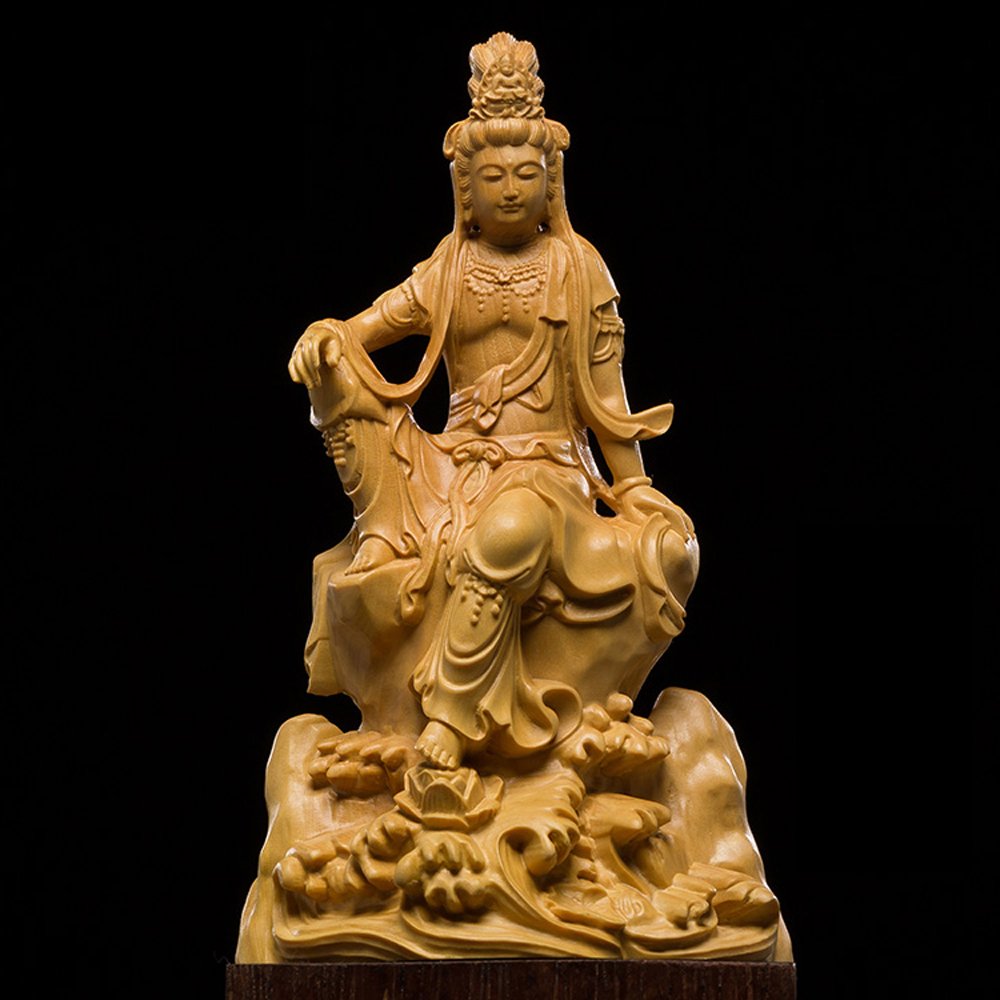 [華能] 観音菩薩坐像 高級天然ツゲ木彫り 木製仏像 仏教美術品 黄楊 柘植 観音像彫刻 観世音菩薩 観自在菩薩 専用化粧箱入り お手入れガイド同梱 [2]