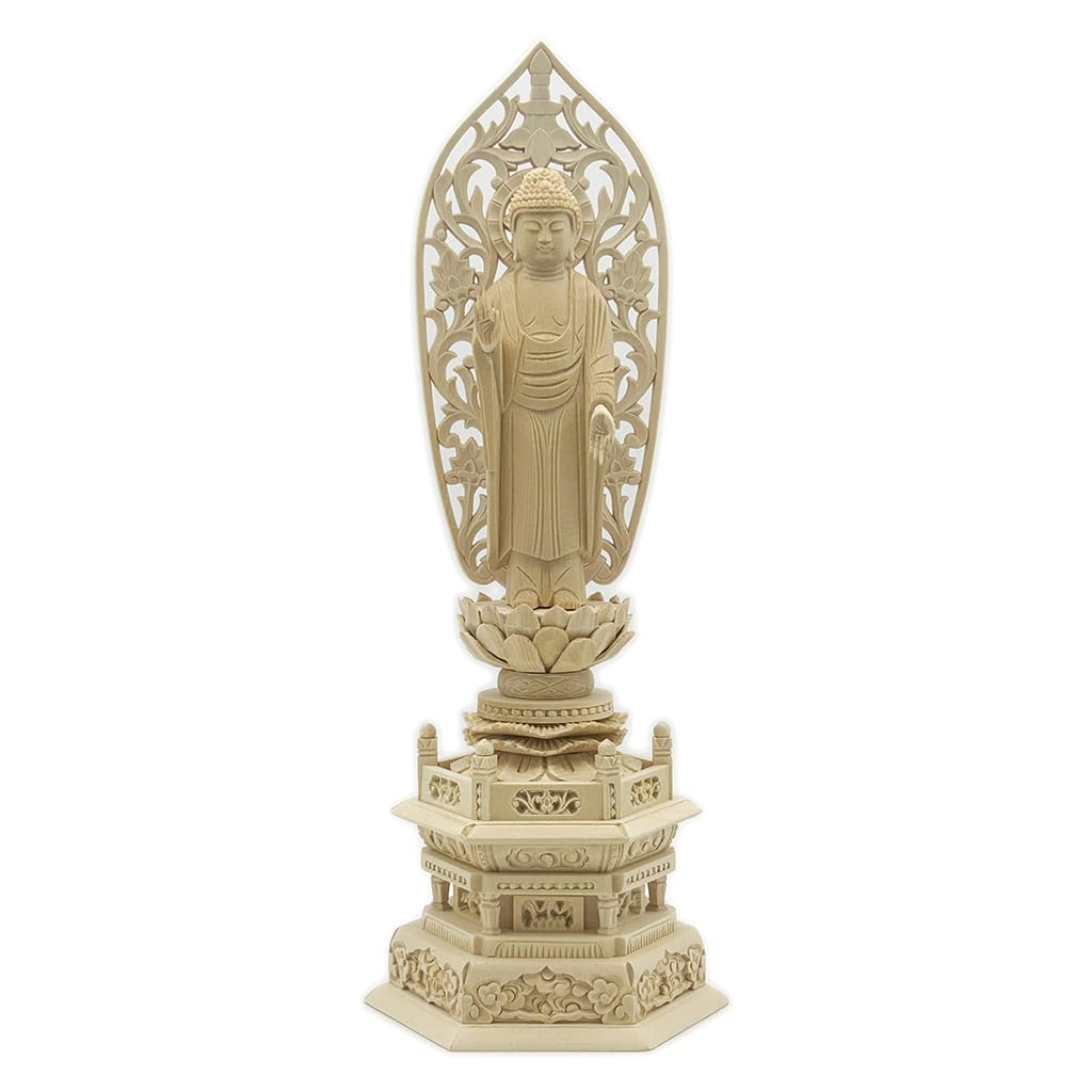 • 寸法：3.5寸 総高：27.5cm、幅：10cm、奥行き：7.5cm 仏身：阿弥陀如来 台座：六角台 光背：船形 • 阿弥陀如来 西方極楽世界の教主。無量寿、無量光などとも言われる。大無量寿経によれば、もとは、この尊はインドの王族の出身で世自在王仏の教化で出家し、名を法蔵比丘と改め、五劫の間修行を重ね、殊勝の四十八願をたて、西方極楽浄土の王となり、一切衆生を利益する大慈大悲の無量仏となり、今も説法していると説く。阿弥陀三尊は脇侍として観音・勢至菩薩をもつ。印相には上品上生から下品下生までの九品住生に阿弥陀定印、四十八願印、蓮華蔵印などがある。 • 天台宗、浄土真宗のご本尊とされています。また戌、亥年生まれの守り本尊(守護仏)でもあります。 • 材質は桧木を使用しております。 天然の木材を使用しているため、木目の色が画像と多少違う場合や多少黒い節がある場合がございますが不良品ではありません。万が一、商品に割れ等の不良があった場合には交換いたします。