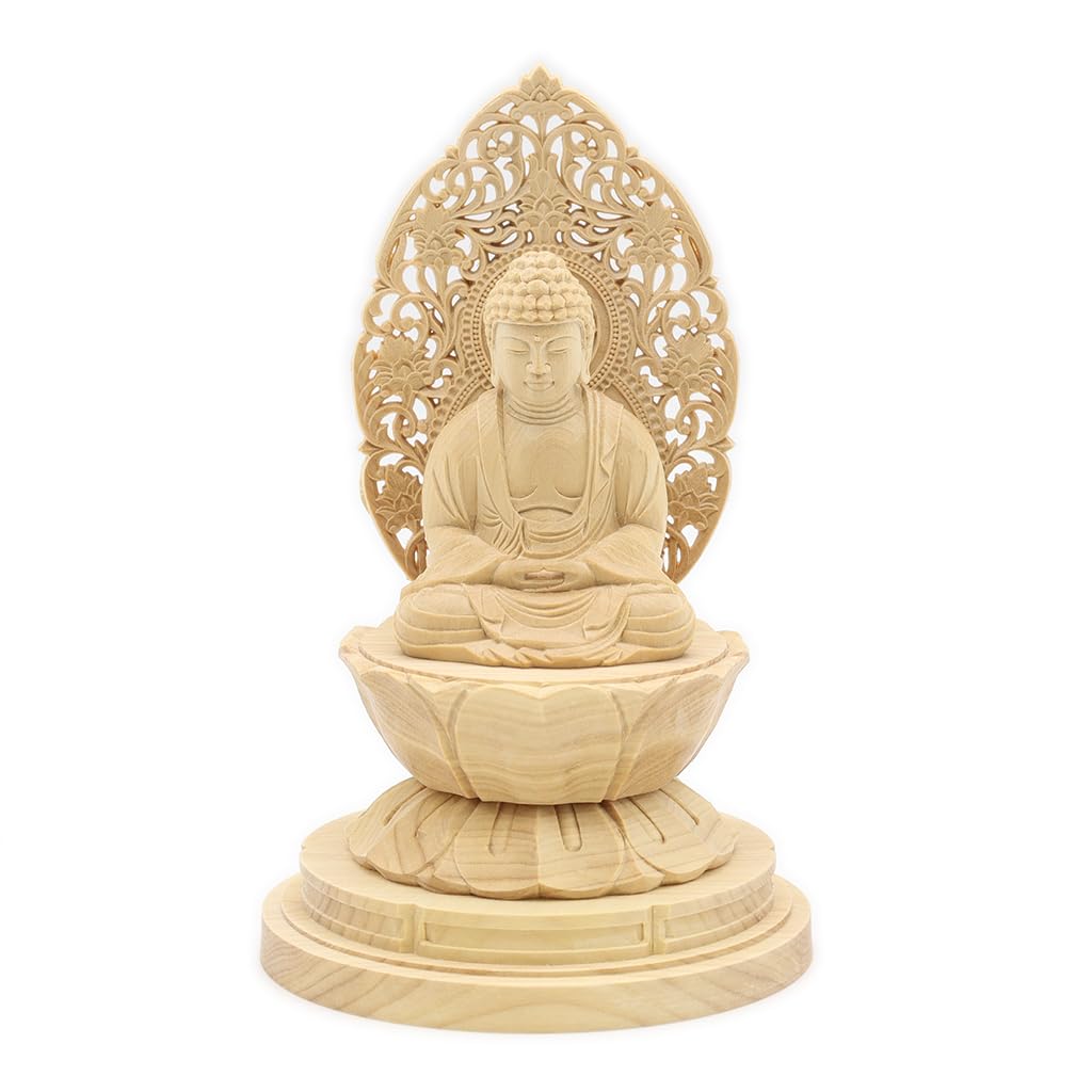 Rakuten - 栗田こだわり仏像 【如来】 釈迦如来座像1.3寸（総高12cm、幅6.5cm、奥行き6.5cm）柘植製高級木彫り 草光背円台 5302