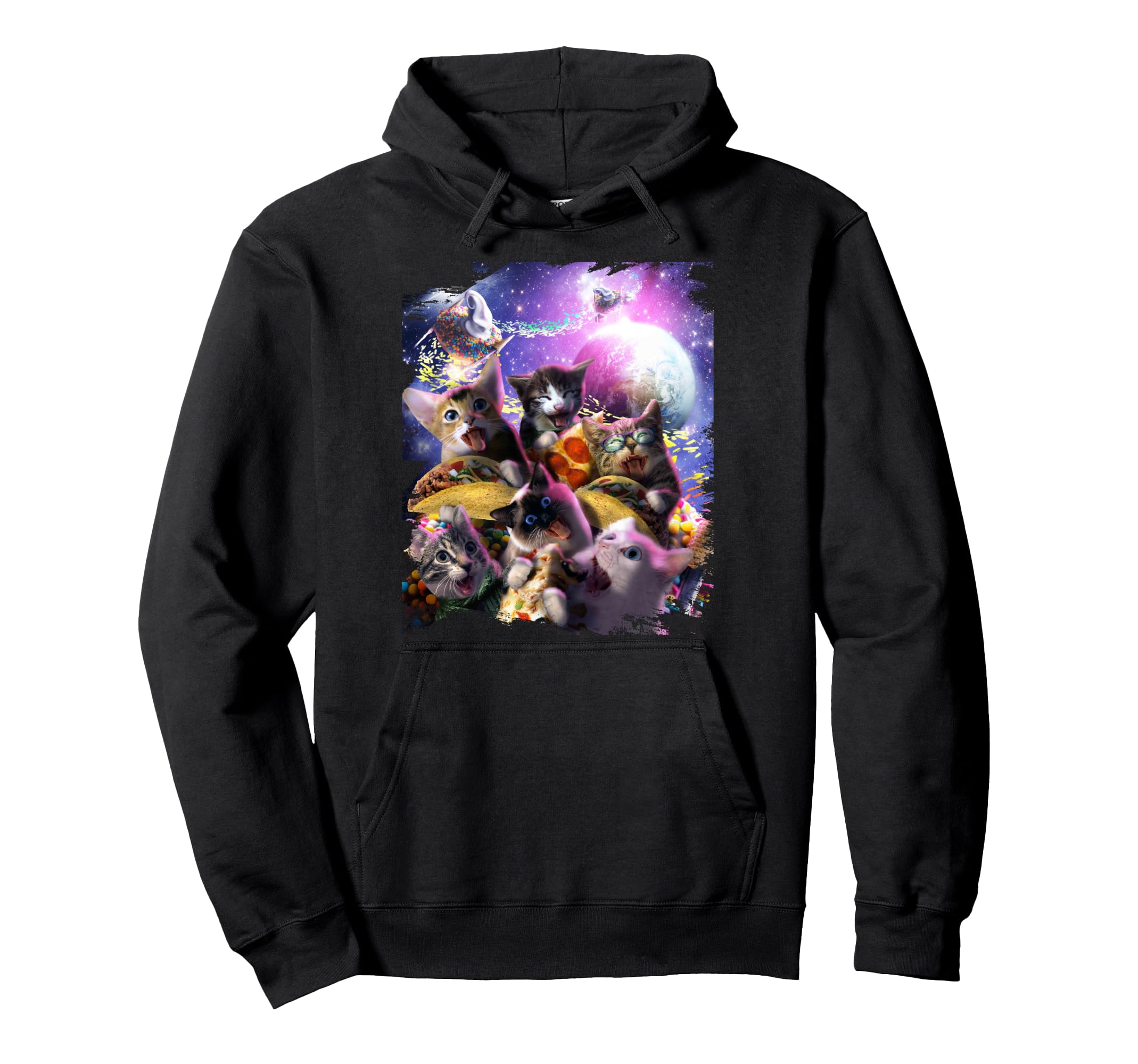 Unisex Casual Wear - ピザを食べるスペースキャット タコスドーナツ 猫 子猫 ギャラクシー セルフィー パーカー