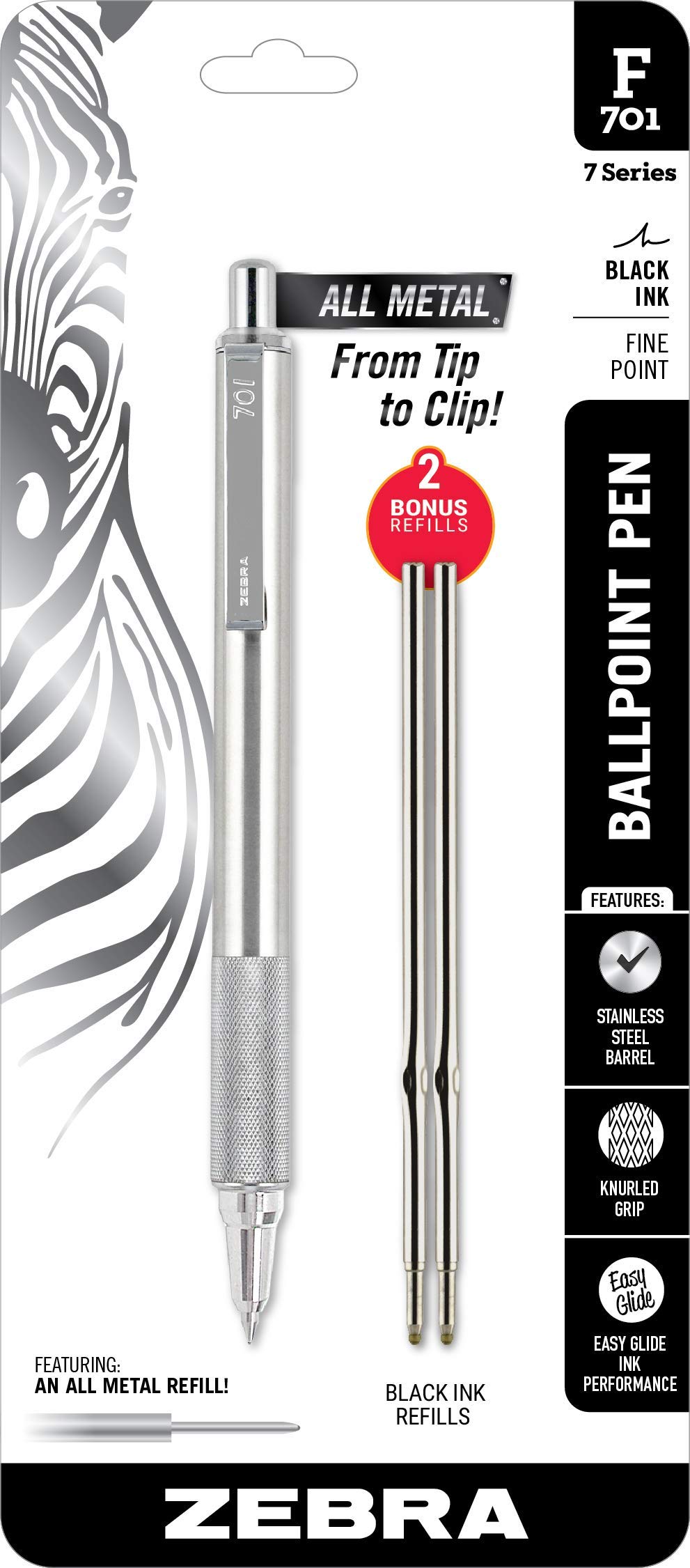 Zebra F-701 メタルペン ボールペン 細字 ステンレススチールペン 刻み付きグリップ 0.8mm ブラックインク ゼブラF701 格納式シルバーメタルペン ブラックインク詰め替え2本付き 男女兼用 21213ELG