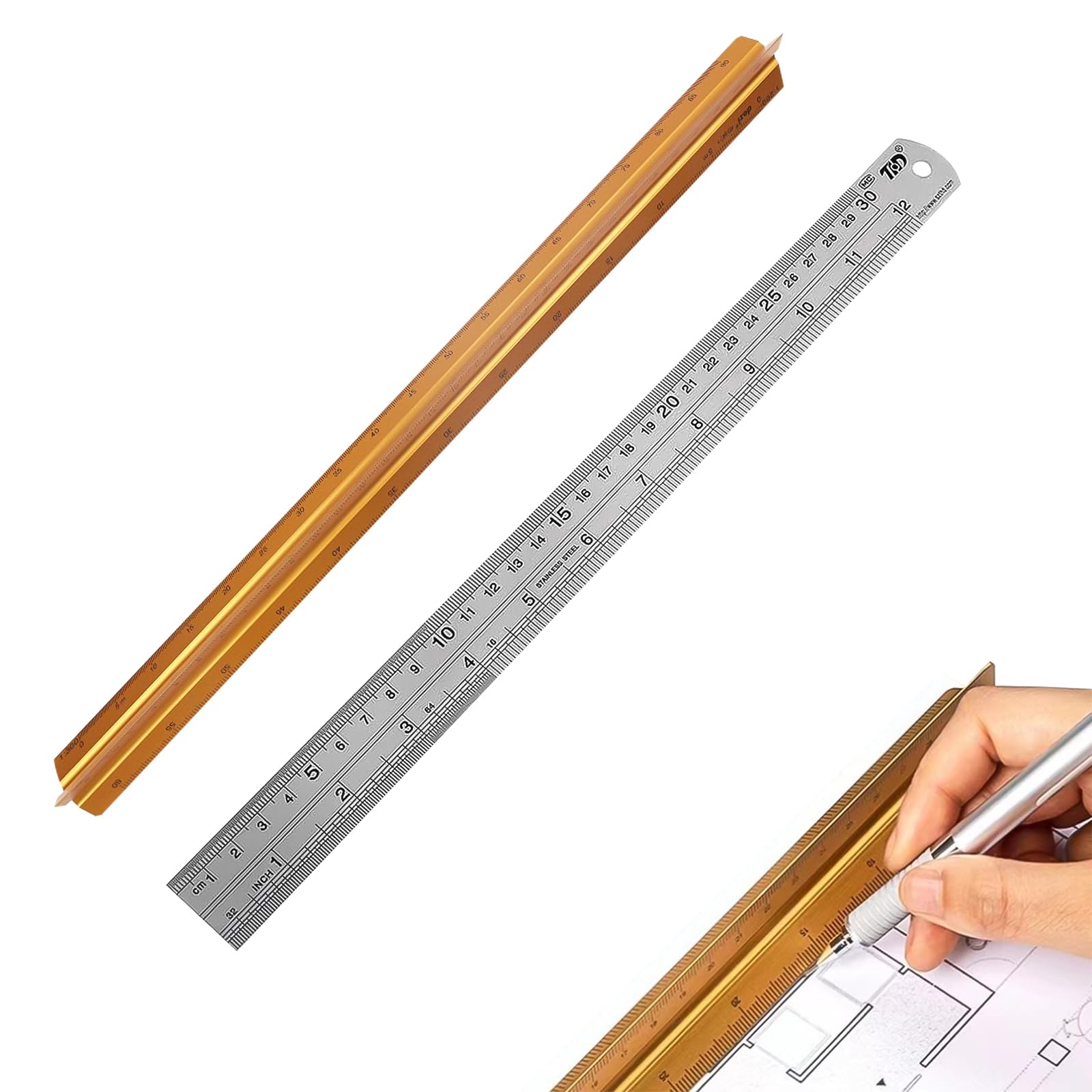 Coollooda 三角スケール 30cm アルミ合金 縮尺定規 縮尺目盛 ステンレス直定規 300mm 定規 製図用品 建築士用 建築図面 屋外用 製図スケール 現場仕事用 高精度 目盛り読みやすい