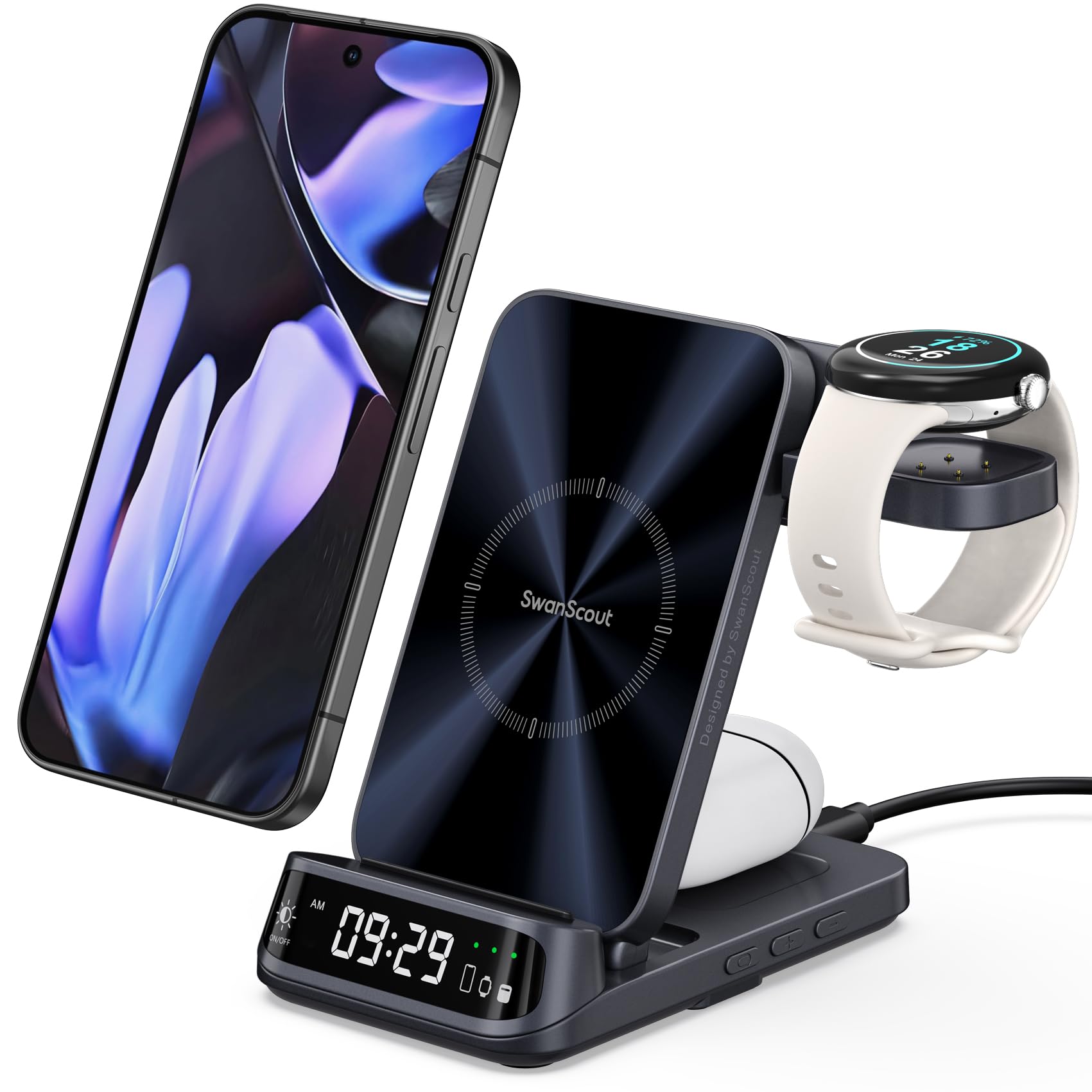 Pixel Watch 充電器 スタンド、ピクセルウォッチ 3/2対応、3in1 折りたたみ式 ワイヤレス充電器、Pixel 9/8/7/6シリーズ、Pixel Watch 3/2/Fitbit Versa 4/3/Sense 2対応(Pixel Watch 4/1非対応)、SwanScout 708G2（アダプ