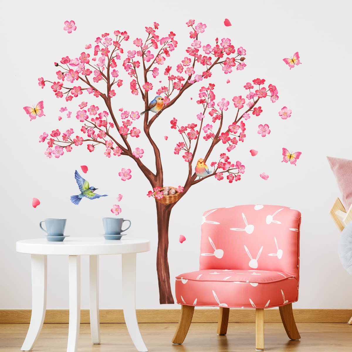 Mestiker ウォールステッカー ピンク 花 桜の木 鳥 木 植物 蝶 DIY シール PVC素材 インテリア ウォールペーパー ライフ小屋 おしゃれ 子供部屋 絵画风 インテリア 女の子の可愛い部屋 baby wall stic