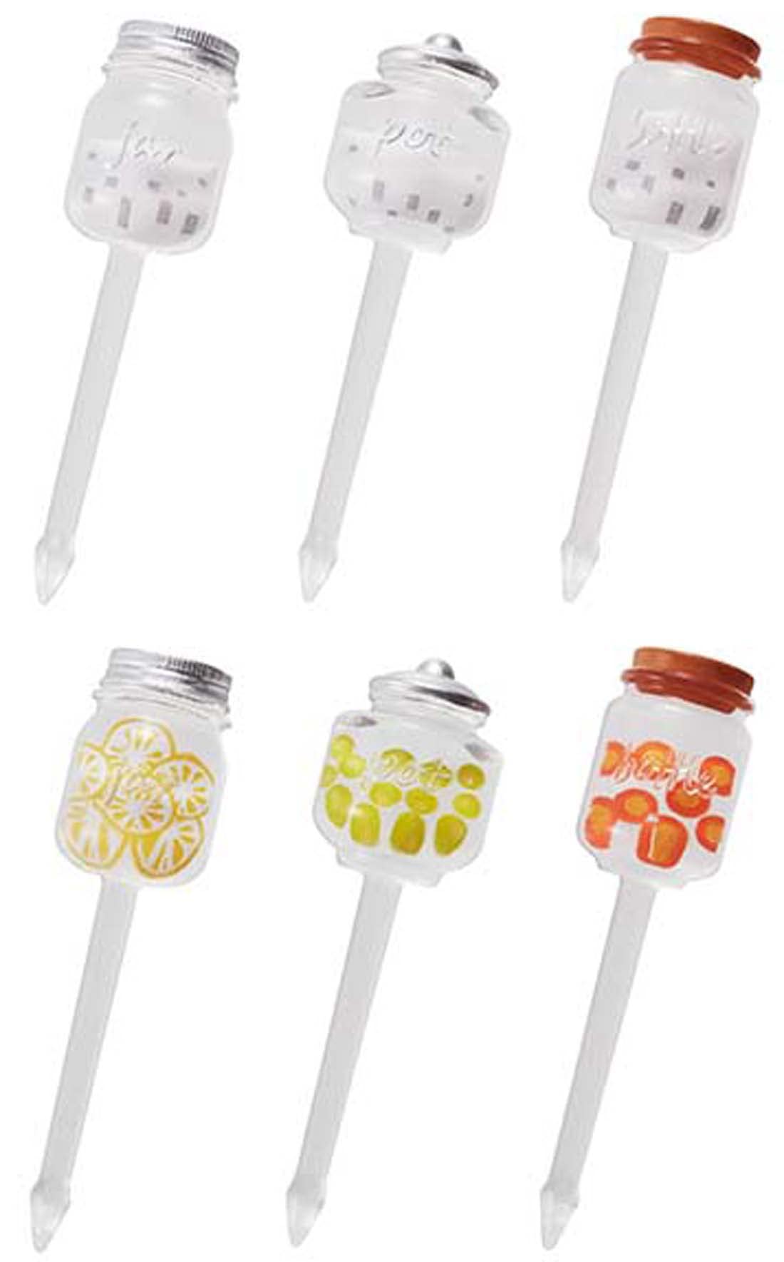 • サイズ（1本当り）: JAR=約 48×12.5×6.8mm、POT＝約 48×14×7.5mm、BOTTLE=約 48×12×6.5mm • 入数:6本 • 材質:ABS樹脂 • 生産国:中国 • お弁当を彩るガラスみたいなカワイイピック 6本入り