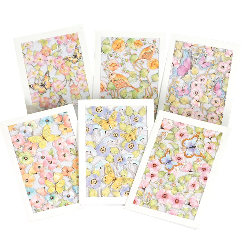 moin moin メッセージ カード 花柄 6種セット 中紙 & 封筒 付属/全面 総柄 大きめ 12.5×18cm キラキラ シルバー ホワイト ちょうちょ 蝶 繊細 美麗 ピンク ブルー 水彩 イラスト 鳥 すずめ 幻想的 花
