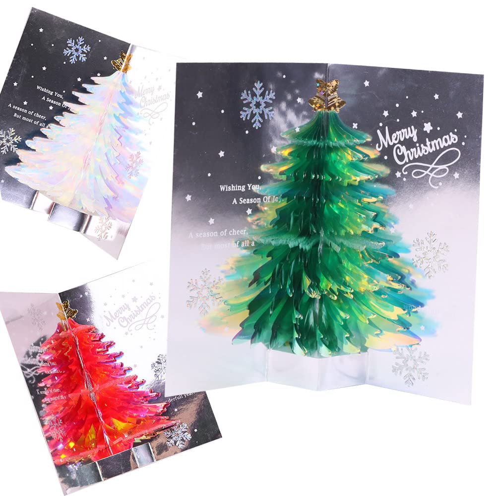 moin moin クリスマス カード 3つ セット (封筒付) 赤 青 緑/ツリー キラキラ 鏡面反射 美麗 雪 氷 結晶 ラメ 立体 3D 飛び出す 2111Xme207