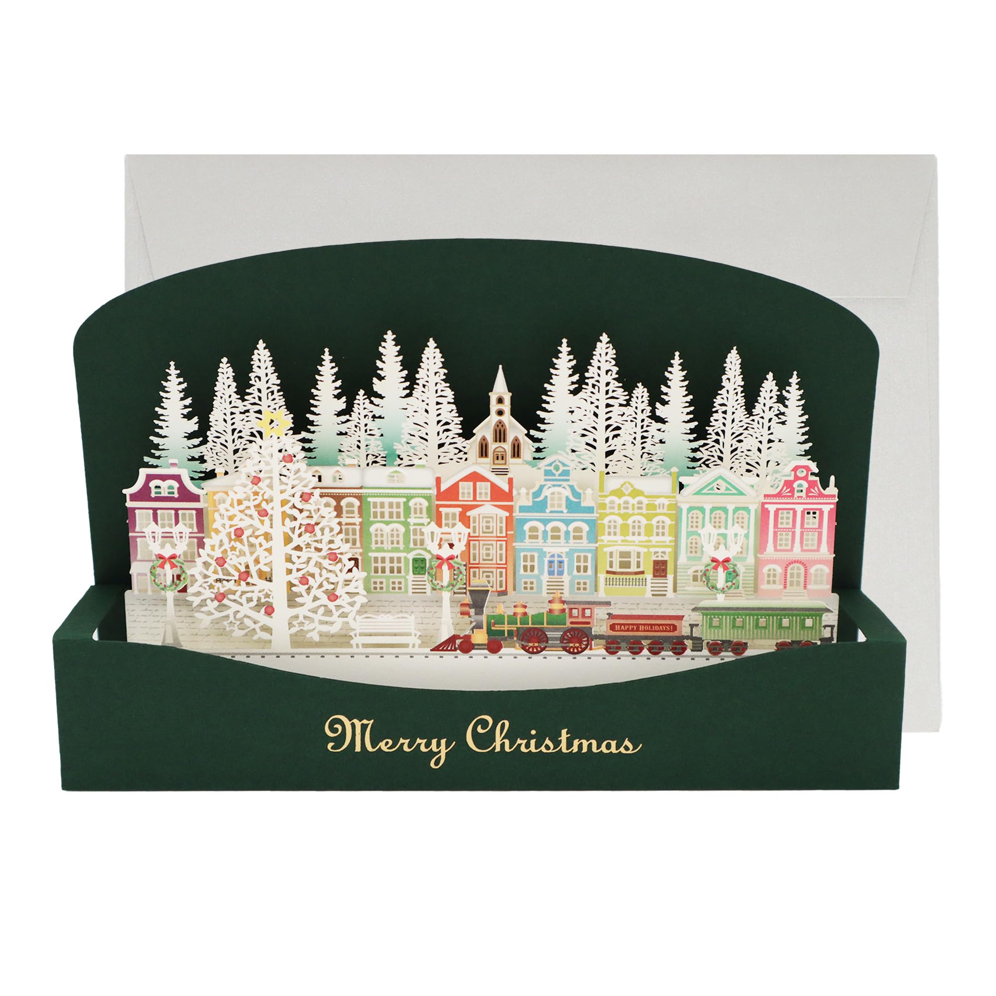 • 【サイズ（約）縦×横】カード本体：11.0×15.5（cm） 封筒(定形内)：11.5×16.5(cm) メッセージカード：5.5×9.0(cm) • 【セット内容】カード本体+封筒（定形内）+メッセージカード　OPP袋で梱包 • カードを広げて立てるとレーザーで繊細にカットされた色鮮やかなクリスマスの街並みが広がります。3層で作られた奥行きのある立体カードです。インテリアとしてお部屋に飾っていただくと、クリスマスを一層演出してくれるクリスマスカードです。 • 質感と高級感を兼ね備えた大人向けのデザインですので、受け取った方に感動していただけます。付属のメッセージカードに直筆のメッセージをお書きいただくことで、より一層気持ちが伝わることでしょう。 • クリスマスをより一層華やかに演出するデザインで、大切な人へのクリスマスプレゼントにそっと添えたり、遠くで暮らす家族や友人へ普段はなかなか口に出せない想いをメッセージに込めてお送りしてみてはいかがでしょうか。 ※ お客様のご使用になられる機器や端末環境、画面設定により、実際の商品と若干色合いが異なって見える場合がございますので、ご了承ください。