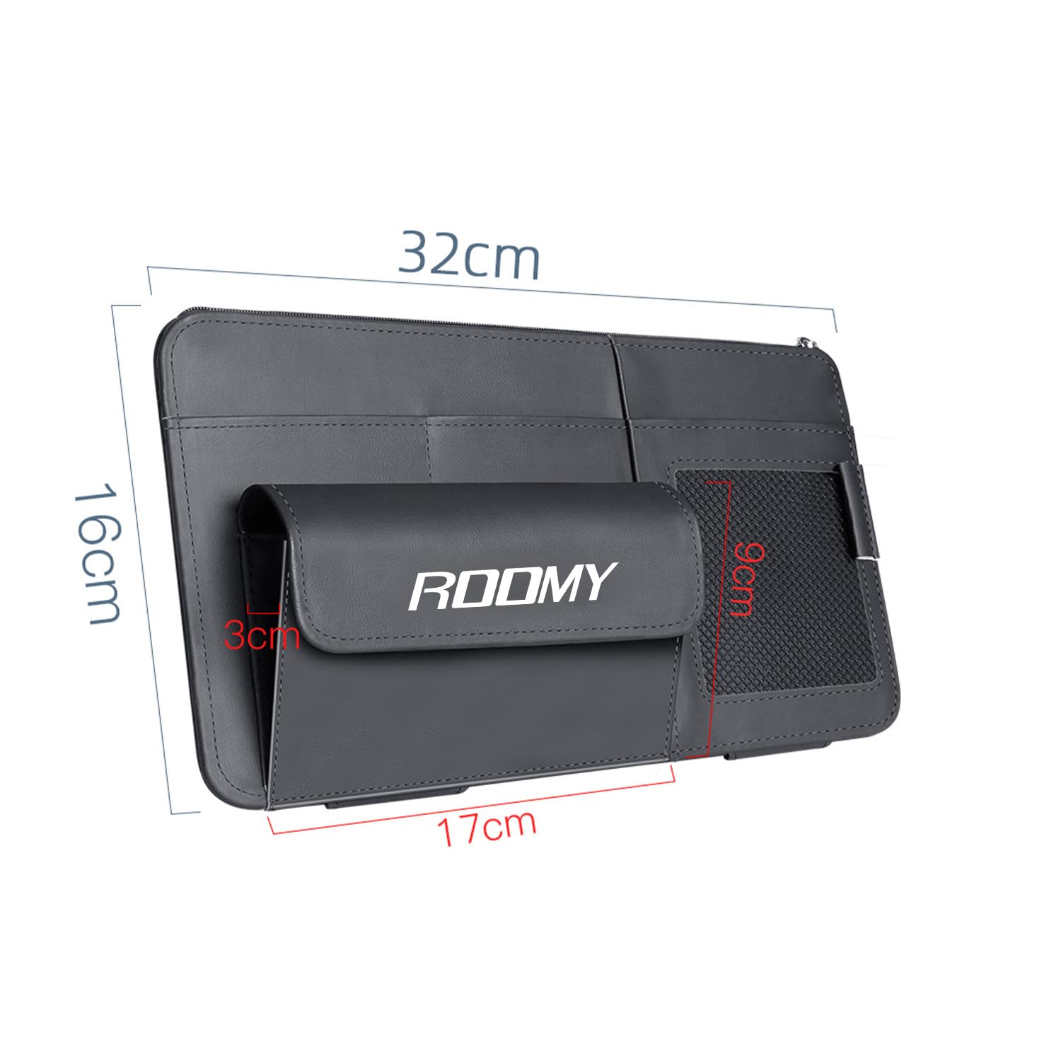 レックストアの【Fumezu】車用 サンバイザーポケット ROOMY ルーミー 車用収納バッグ 多機能ポケット 車レザー 収納ホルダー 取付簡単 収納ホルダー サングラス カード ケーブル イヤホン 駐車券 ペン メガネ｜アングル2