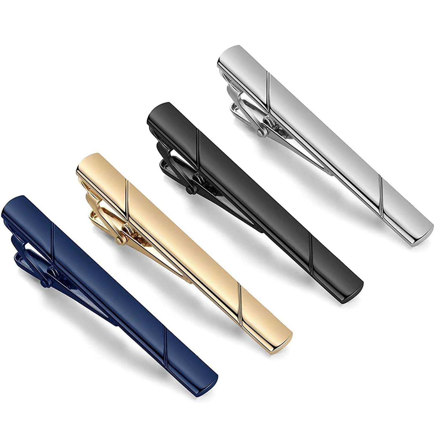 • 【商品仕様】カラー：シルバー、ゴールド、ブラック、ダークブルーの4色。 サイズ：6*25*58mm。（ギフトボックスを提供） • 【素材】素材にこだわり腐食しにくい真鍮素材を使用しております。電気めっきによる表面処理。 • 【デザイン】斜めカット柄で、シンプルで美しくエレガントなデザインで、どんなネクタイにも合わせやすく、普段使いにも最適です。 • 【パッケージ】ご製品がギフトボックスを提供いたしますから、しそのため、贈答用にも最適である。 • 【使用場所】ネクタイと衣装によってご自由に選べます。職場、冠婚葬祭、プログラム、スピーチ、謝恩会、記念日のお祝いなど、さまざまな場面で同じようにお使いいただけます。