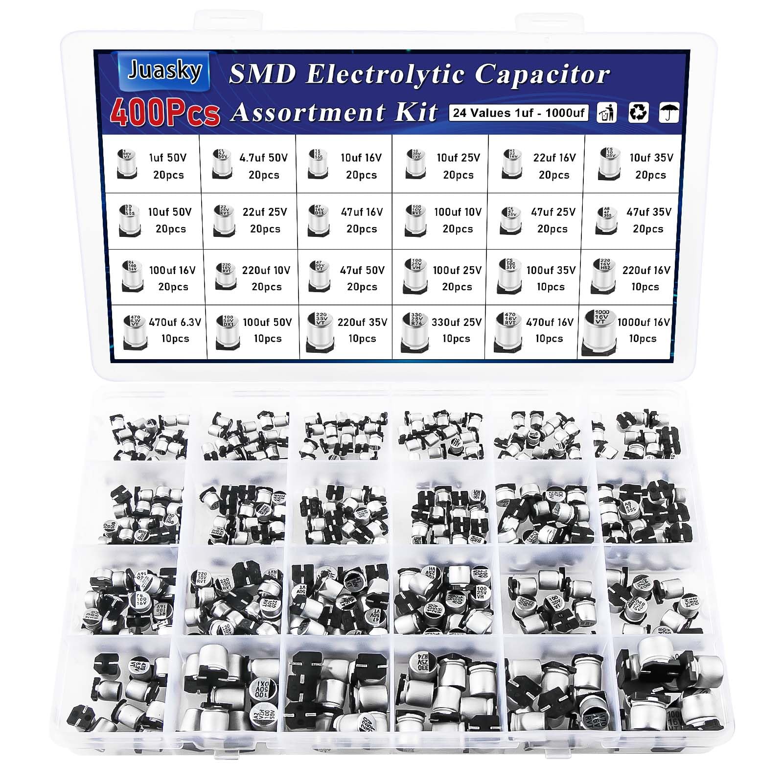 • SMDコンデンサキット:コンデンサ詰め合わせセットには、1uf、4.7uf、10uf、22uf、47uf、100uf、200uf、220uf、330uf、470uf、1000ufの24種類のコンデンサセットが含まれ、合計400個。ニーズに応じてさまざまなプロジェクトに使用できます。 • 高品質素材:これらのコンデンサは高品質の材料で作られており、長期間の使用を保証します。 誘電体酸化物層が非常に薄く、アノード表面が拡大しているため、静電容量電圧は他のコンデンサよりも高くなっています。 • マイクロデザイン:これらのSMD電解コンデンサは、回路を作るために使用される高品質でユニバーサルなマイクロ電解コンデンサであり、非常に便利で実用的であるため、電子機器愛好家や愛好家の間で非常に人気があります。 • 分類ボックス:各コンデンサにはコードのラベルが付けられ、探し、持ち運び、保管しやすいようにプラスチックボックスに梱包されています。 • 幅広い用途:これらの1uF-1000uF電解コンデンサは、コンピューターラジオ、テレビなど、日常生活で幅広い電子アプリケーションを備えています。 DIY制作に最適なアクセサリーです。