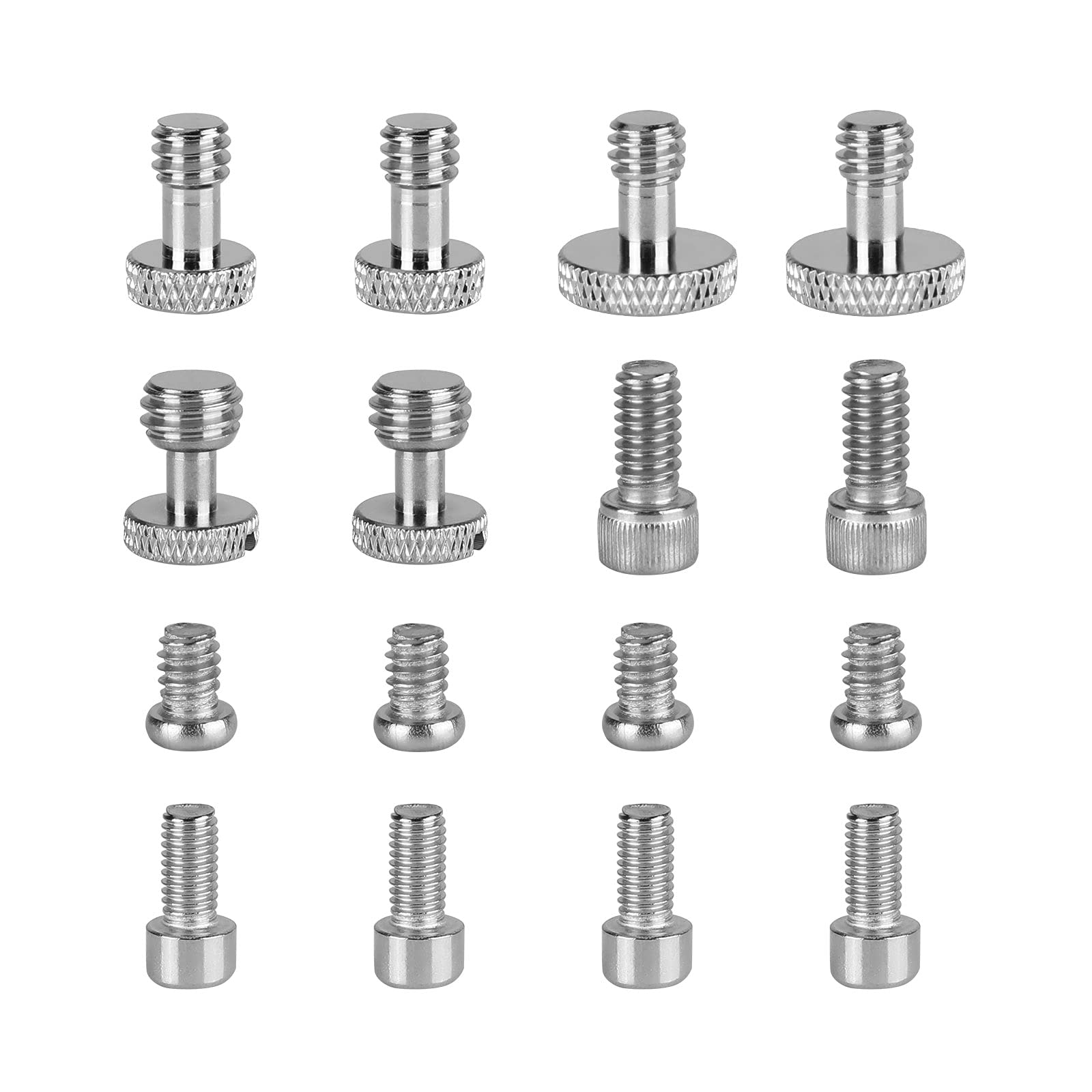 • 1/4インチ-20 スロット付きねじ(直径 10mm、ねじの長さ5mm、全長14mm) • 1/4インチ-20 スロット付きねじ(直径 14mm、ねじの長さ5mm、全長14mm) • 3/8インチ-16 スロット付きねじ(直径 12mm、ねじの長さ6mm、全長15.5mm)。 • M5六角ヘッドスクリュー(直径 7.5mm、ネジ長さ 10mm、全長15mm)。 • 1/4インチ-20六角ヘッドスクリュー(直径 9mm、ネジ長さ 7mm、全長 11mm)。1/4インチ-20六角ヘッドスクリュー(直径 9.5mm、ネジ長さ 11.5mm、全長18.6mm)。