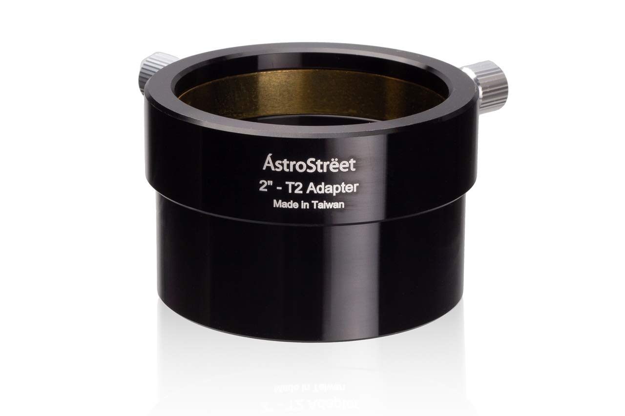 • AstroStreet T2ネジ 2インチスリーブ変換アダプター • T2ネジを50.8mm(2inch)スリーブに変換するアダプター • 2インチスリーブ側は真鍮リング締め付け機構を採用。 • [スリーブ径] 2インチ(50.8mm) [ネジ径] T2ネジ M42P0.75 [材質] アルミ製 [全長] 約40mm、最大径約62mm(突起部除く) [重量] 約105g