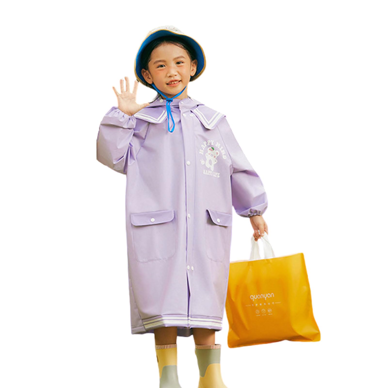 • 新しい子供用レインコート 背中がボックスプリーツになっており、スナップを外せば生地が広がり、ランドセルやリュックなど荷物の上から着ることができます。突然の急な雨でも慌てて雨用のランドセルカバーを付ける手間が省け時短にも◎カバン用のスペースは、使わないときはボタンで畳めるので、後ろ姿もきれいに決まります。 • フード部分の顔回りは大きめの透明バイザーになっているので、深くかぶっても周りが見える設計 • 保管や持ち運びに便利なレインコートと同じカラーの収納バッグつき。レインコートの収納、保管用にはもちろん、雨の日のちょっとした手提げバックとしてもご利用いただけます。 • 適用場所：散歩時に、自転車で通学、保育園に通う時など、雨の日に活躍！ • サイズ：着丈/胸囲/袖丈/参考身長(cm) 【M】70/50/48/80～90 【L】76/50/49/90～105 【XL】82/52/54/105～115 【2XL】88/55/61/115～130 【3XL】100/63/70/130～145 ※平置き採寸のため、商品サイズには多少の誤差がある場合がございます。