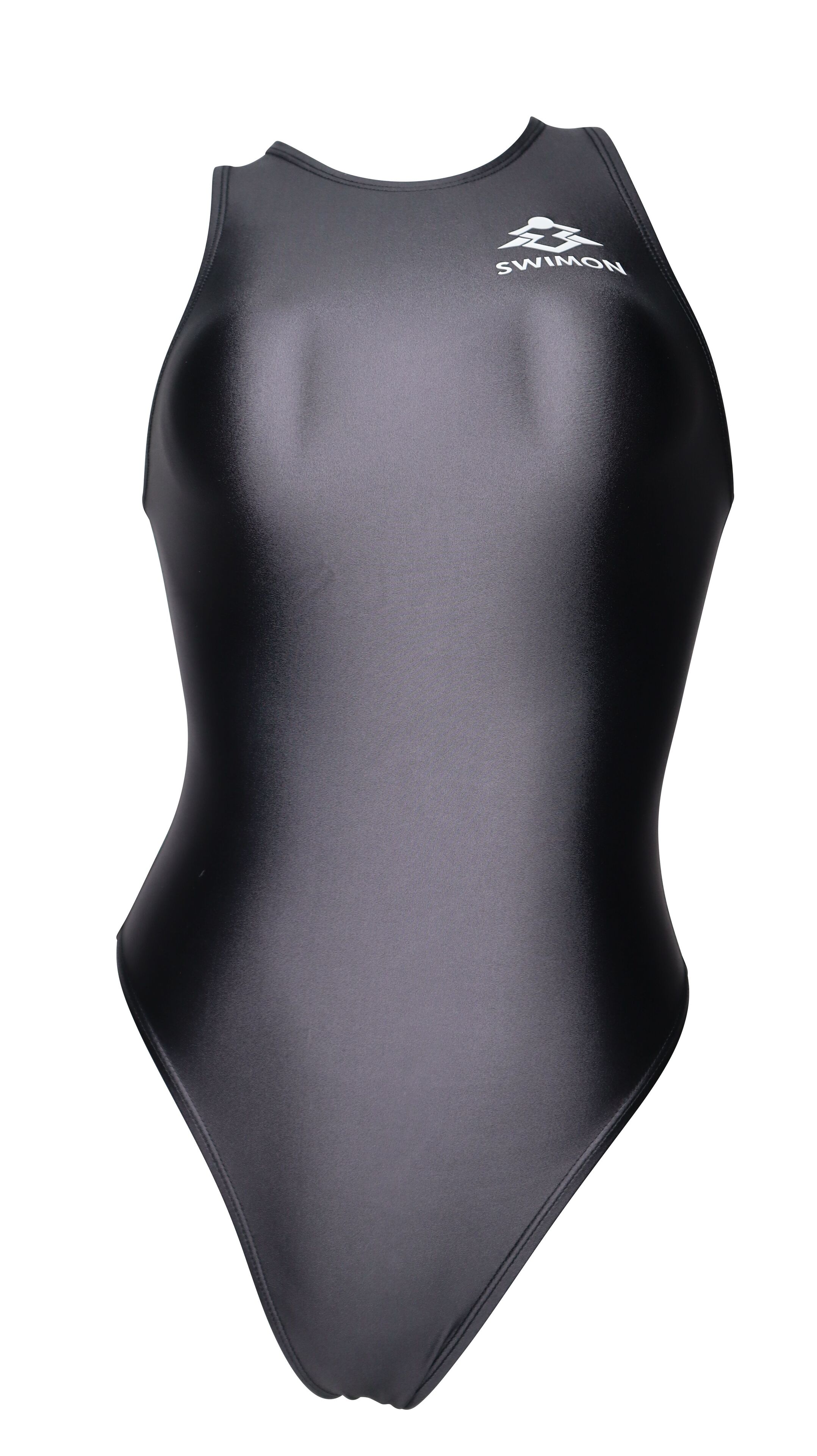 【SWIMON】　競泳水着 レディース　ガールズ 700 バックジップ　水球モデル　無地　黒　光沢　メタリック　N1　ハイカット