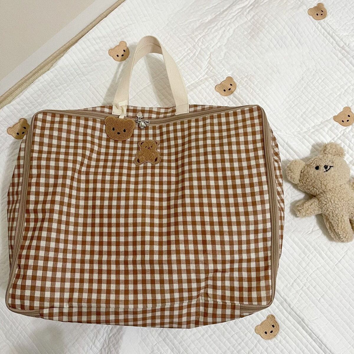 くまちゃん 収納バッグ ふとん収納バッグ お昼寝布団 持ち運び用バッグ 保育園 幼稚園 お昼寝 クマ柄 チェック 子供 衣類収納袋 耐湿性 おしゃれ 可愛い 洗濯可能 引越し 整理整頓 収納ケース 送料無料 [2]