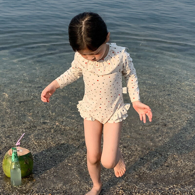 ベビーキッズ用 キャップ付き 水着2点セット ドット 女の子 海水浴 プール ガールズ スイミング 女児 お帽子 水泳 ラッシュガード フリル 北欧風 韓国子供服 送料無料