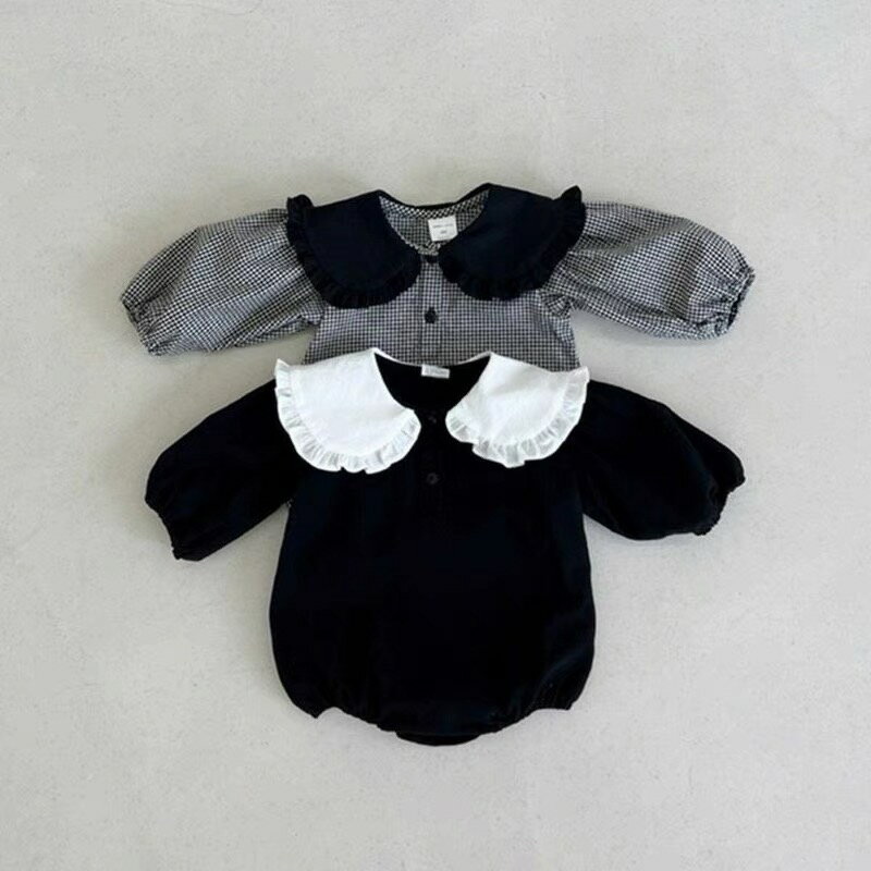 【4/14 20時〜4時間限定 全品10％OFFクーポン】 ロンパース フリル襟 韓国子供服 長袖 女の子 シンプル ナチュラル かわいい ベビー服 おしゃれ ギフト プレゼント 出産祝い 出産準備 赤ちゃん 無地 チェック コットン 丸襟 レイヤード 3