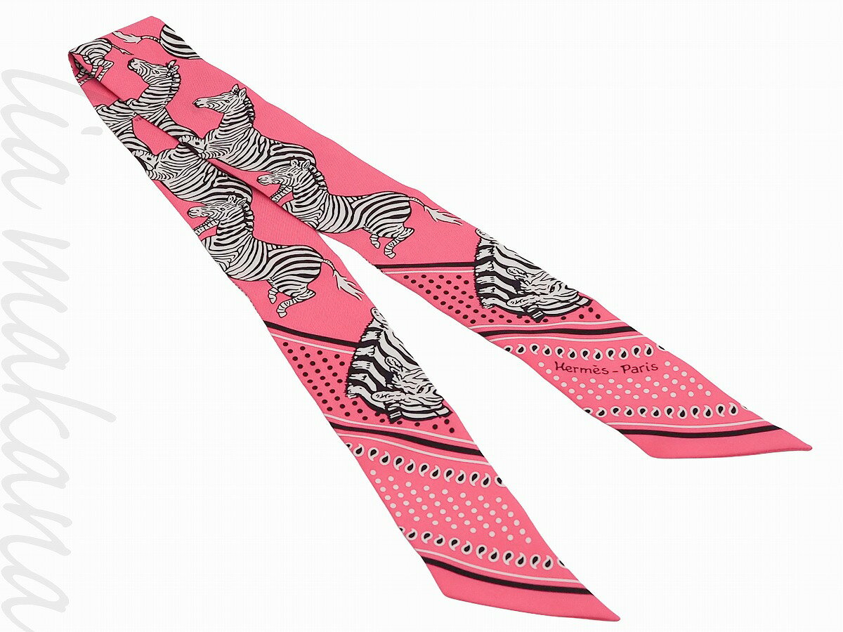 【中古】HERMES エルメス ツイリー LES ZEBRES BANDANA ゼブラ バンダナ リボン スカーフ バッグ小物 ピンク ブラック 黒 ホワイト シルク フランス製 063265S 04【リアマカナ】