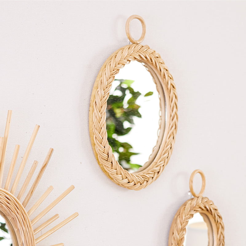 【ポイント5倍 楽天マラソン 10/14 20時-】 ミラー 壁掛け 34cm ラタン 壁掛けミラー 鏡 丸型 軽量 玄関 リビング 廊下 ラタン製 籐 北欧 おしゃれ かわいい 0443