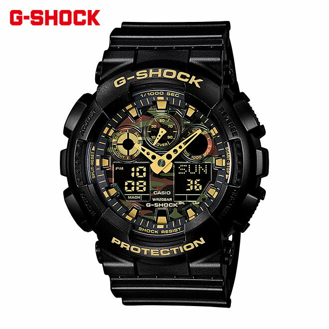 特徴 タフネスを追求し進化し続けるG-SHOCKから、多くのファッションブランドが注目し、デザインに採用しているカモフラージュ柄を文字板に取り入れた、「Camouflage Dial Series（カモフラージュダイアルシリーズ）」が登場。 ベースモデルには迫力のビッグケースが人気のGA-100を採用。ボディ・バンドはブラックをベースカラーに、インパクトのあるメタリックカモフラージュの文字板を組み合わせました。また、ゴールドの時分針・インデックスを用いることで、シックな色使いの中でも個性がキラリと輝くクールな表情に仕上げました。 G-SHOCKの持つタフネス性能をミリタリーデザインで表現した、カモフラージュシリーズのNewモデルの登場です。 ・ 1/1000秒計測ストップウオッチ ・ 速度計測機能 ・ JIS1種耐磁性能 注意 ※メーカー取寄せとなります。 ※到着日のご指定はお受けできない場合がございます。 ※ご使用方法など商品に関するお電話でのお問い合わせは受けかねます。詳しくは取扱説明書をご覧頂きますようお願い申し上げます。 ※モニターの発色の具合によって実際のものと色が異なる場合があります。耐衝撃構造（ショックレジスト） 無機ガラス 耐磁時計（JIS1種） 20気圧防水 ケース・ベゼル材質： 樹脂 樹脂バンド ワールドタイム：世界48都市（29タイムゾーン、サマータイム設定機能付き）＋UTC（協定世界時）の時刻表示、ホームタイムの都市入替機能 ストップウオッチ（1/1000秒、100時間計、速度計測機能(MAX1998unit / h、2unit / h単位)、ラップ／スプリット計測切替） タイマー（セット単位：1分、最大セット：24時間、1秒単位で計測、オートリピート） 時刻アラーム5本（1本のみスヌーズ機能付き）・時報 フルオートカレンダー 12/24時間制表示切替 LEDライト（オートライト、残照機能、残照時間切替（1.5秒／3秒）付き） 精度：平均月差±15秒 電池寿命：約2年 LED：アンバー ケースサイズ (H×W×D): 55×51.2×16.9mm 質量: 71g