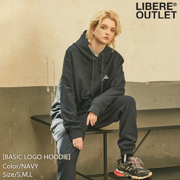 LIBERE リベーレ ベーシック ロゴ フーディー パーカー プルオーバー 長袖 紺色 ネイビー 綿100％ 刺繍 プリント [BASIC LOGO HOODIE/NAVY] 公式アウトレット