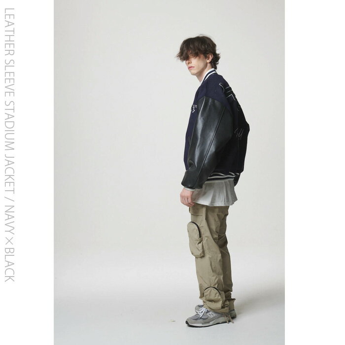 LIBERE リベーレ レザースリーブ スタジアム ジャケット スタジャン 牛革 ブルゾン ジャンパー ジャンバー アウター 上着 紺 ネイビー 黒 ブラック バイカラー[LEATHER SLEEVE STADIUM JACKET/NAVY×BLACK]公式アウトレット◆2021FW