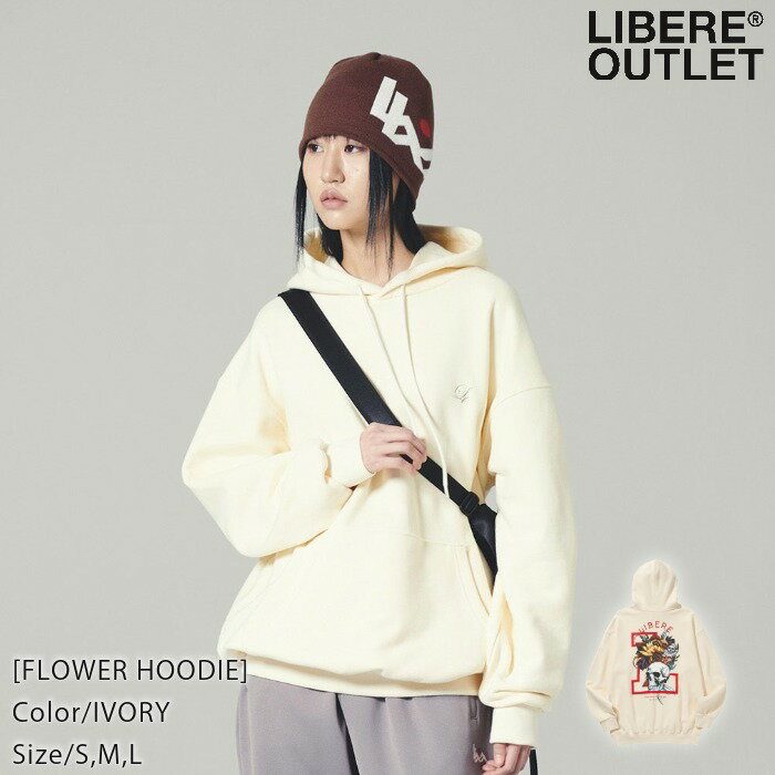 LIBERE リベーレ フラワー フーディー パーカー プルオーバー 長袖 花 スカル 骸骨 モチーフ ロック ROCK クリーム色 アイボリー[FLOWER HOODIE/IVORY]公式アウトレット