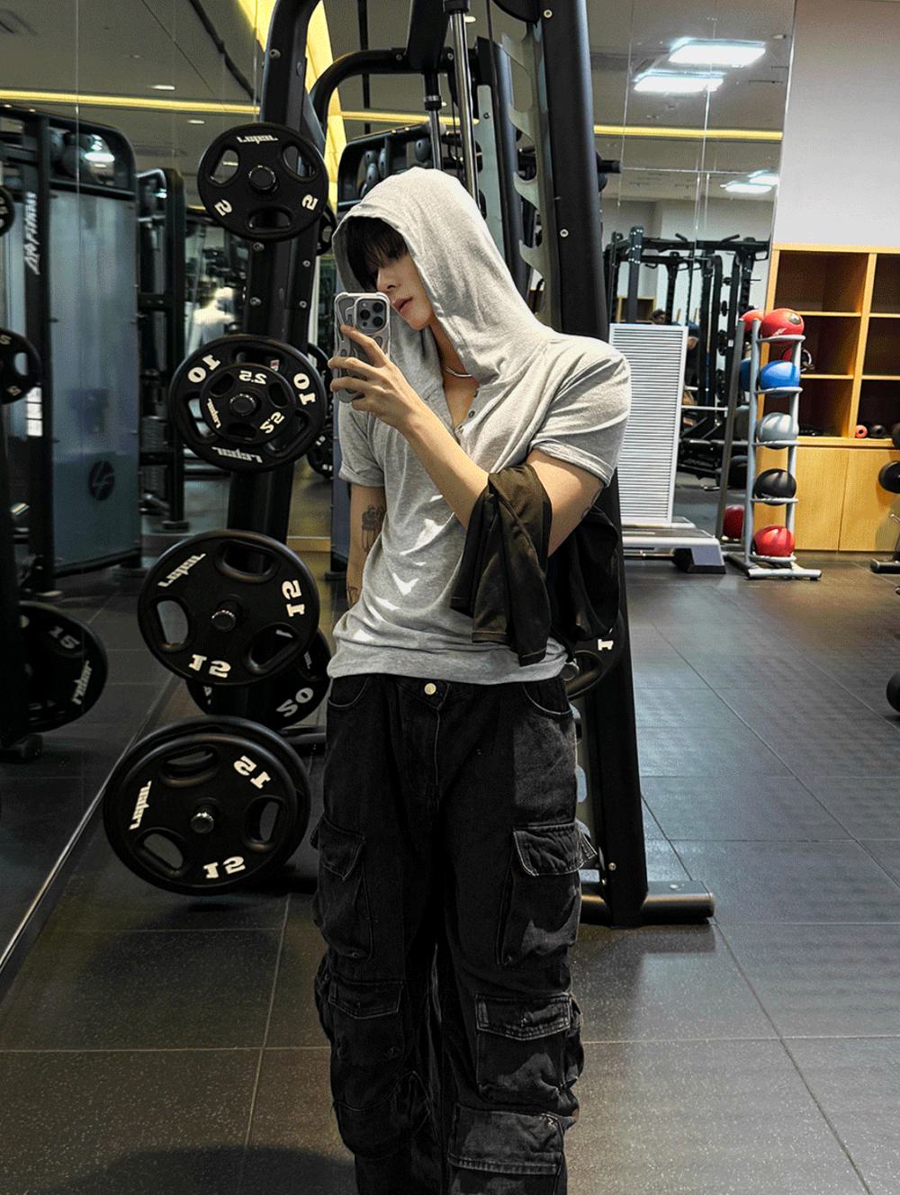 Rakuten - [COSYHARU] Henley Neck Short-Sleeve Hoodie
